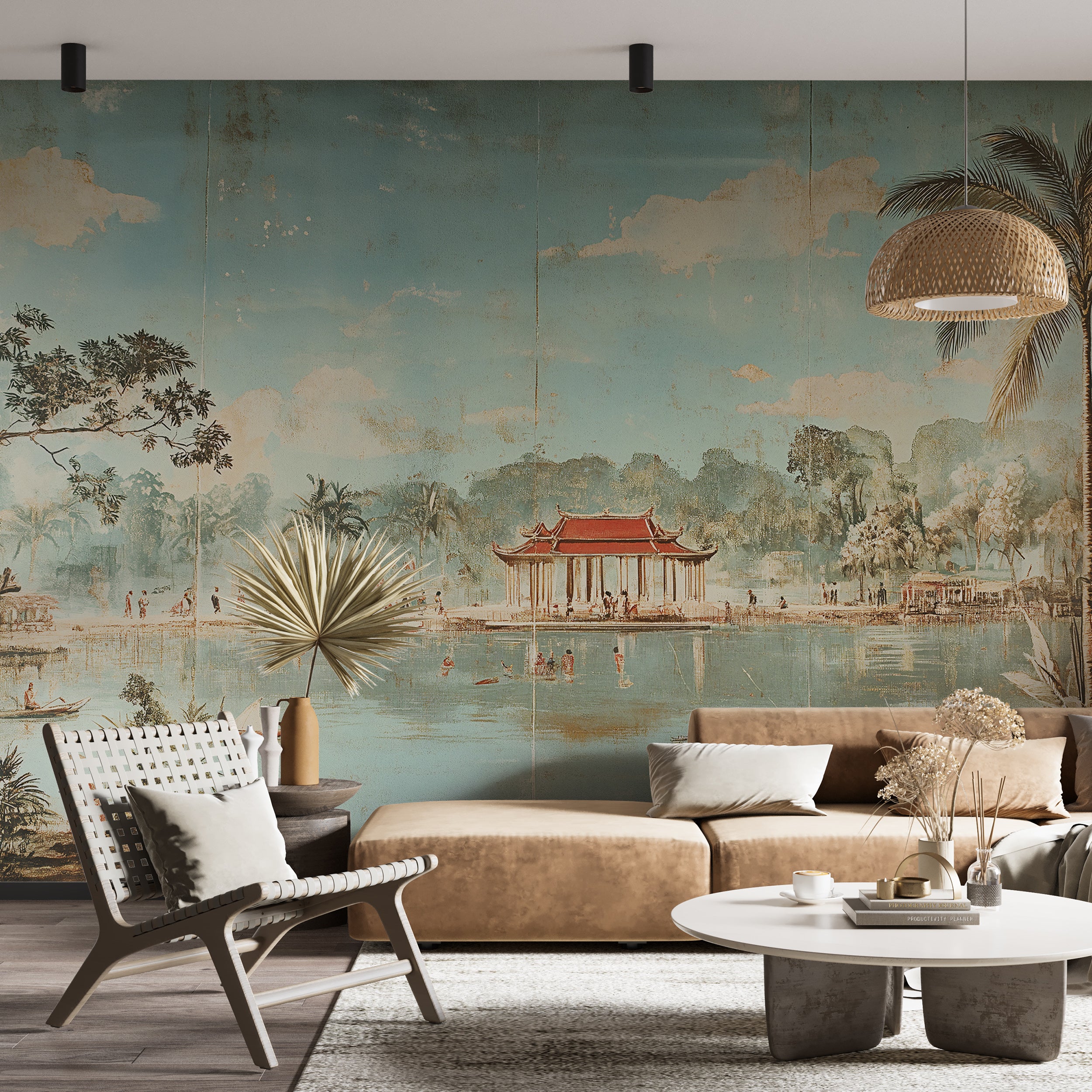 Vintage jungle river mural for living room decor