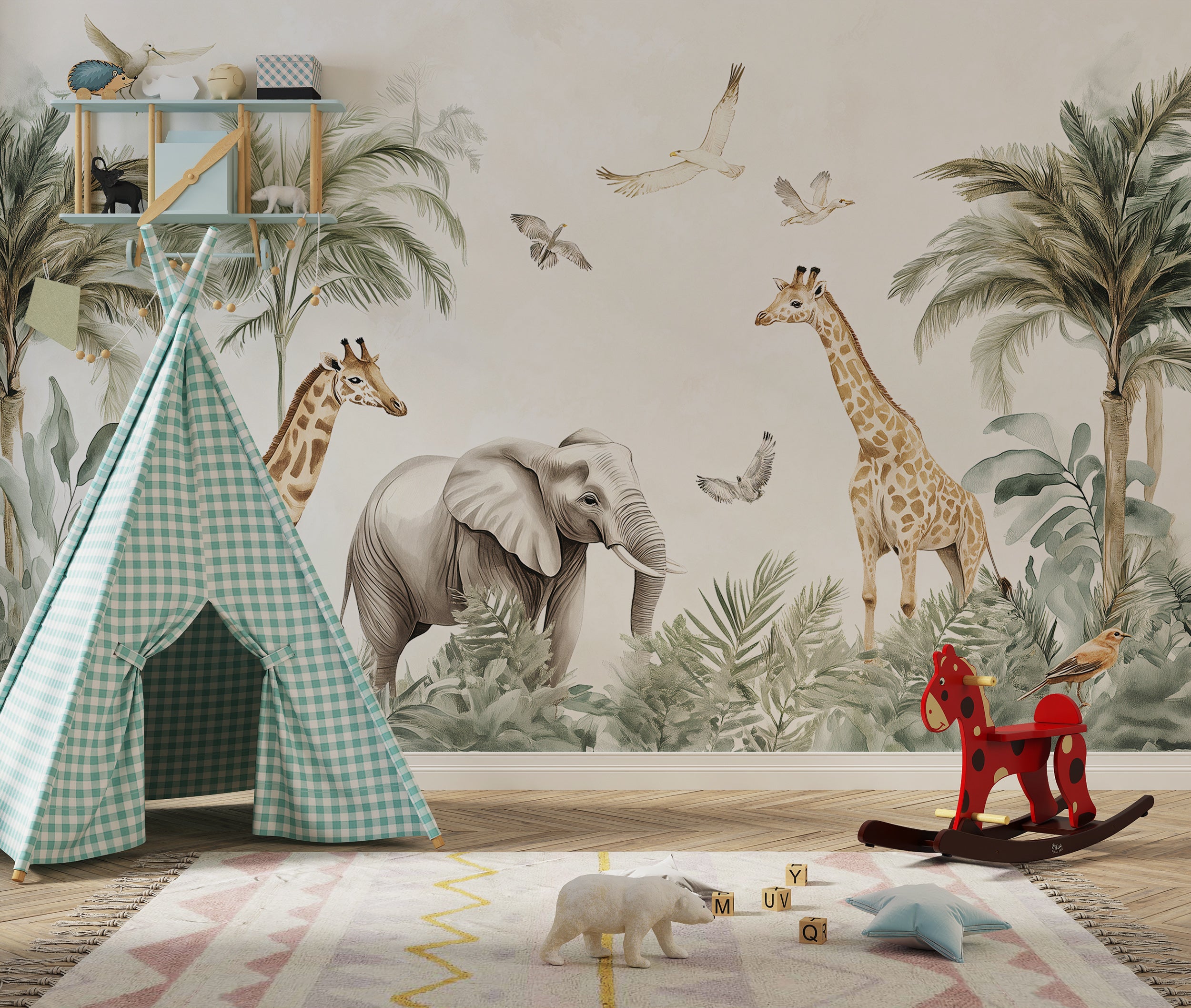 Animals in the Jungle Mural, Tropical Forest Wild Life Nursery Wallpaper, Watercolor Peel and Stick Elephant and Giraffes Mural