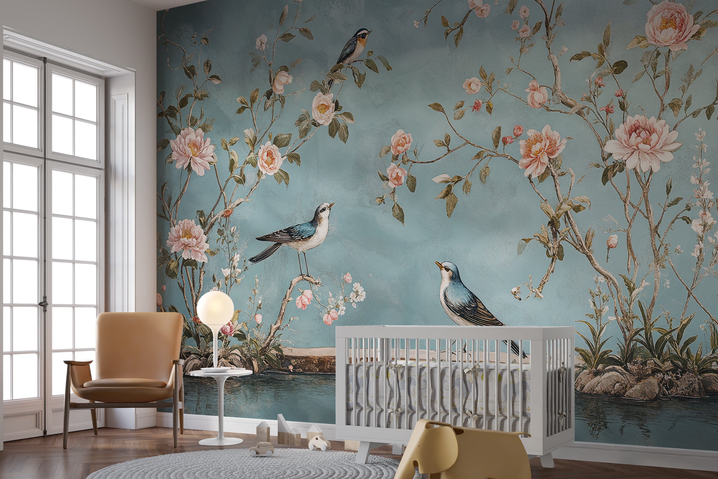 Soft Blue Chinoiserie Mural, Flowers and Birds Traditional Japanese Wallpaper, Peel and Stick Blue Botanical Art