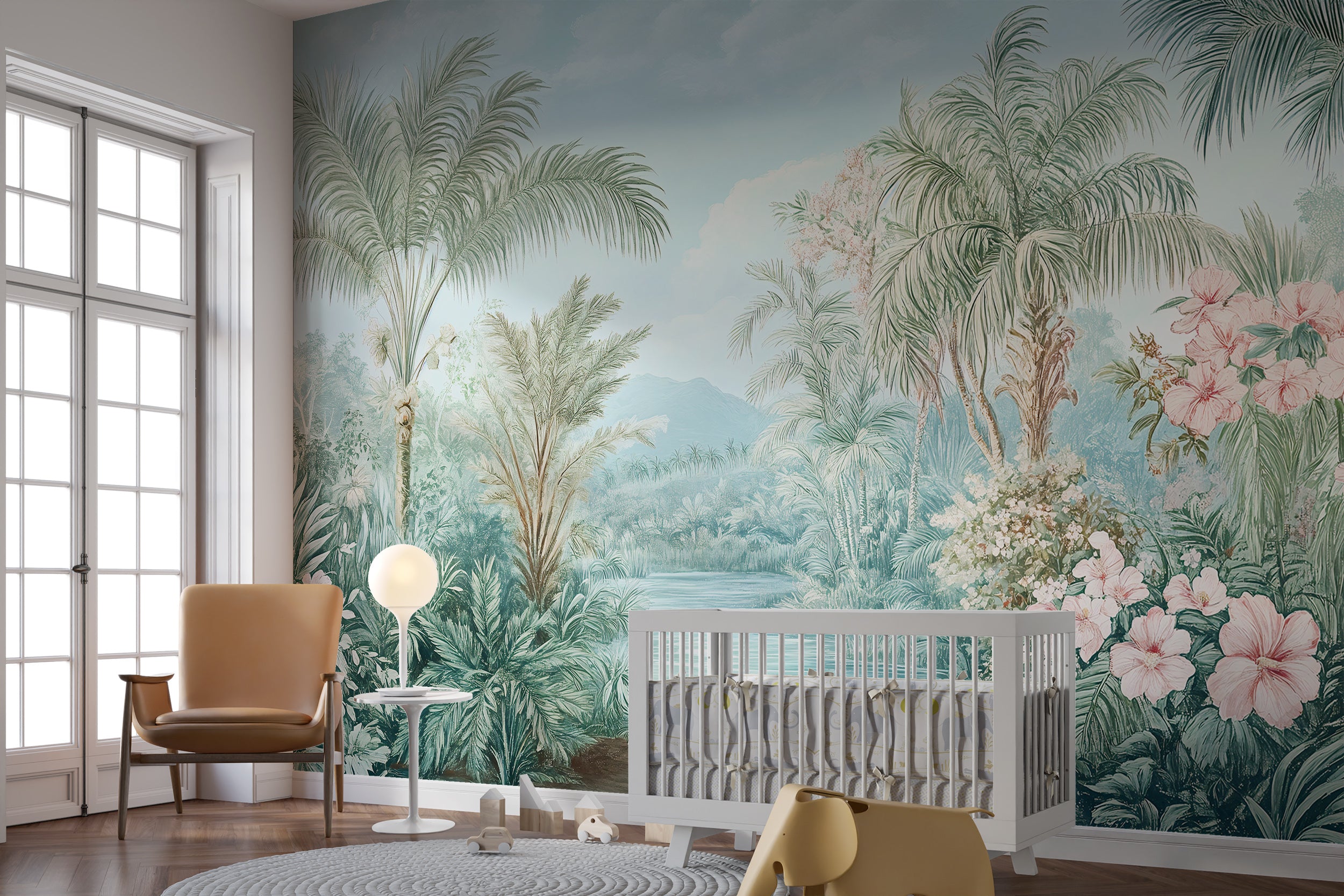 Soft Jungle Forest Mural, Watercolor Tropical Landscape Wallpaper, Palm Trees and Plants Botanical Peel and Stick Wall Decor