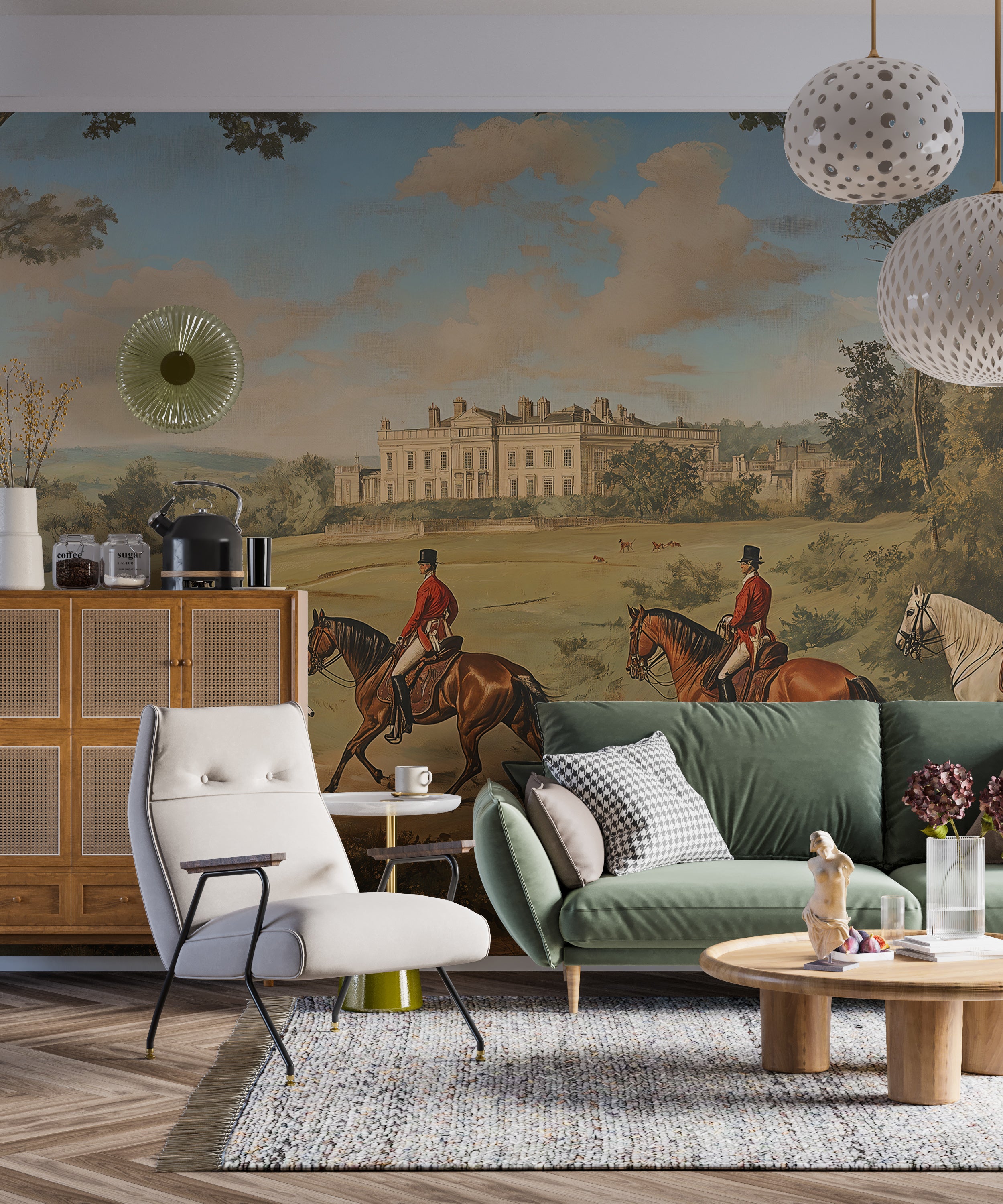 Vintage Scenic Wall Mural, Horses and Hunting Dogs near the Castle Wallpaper, Old Style Landscape Art