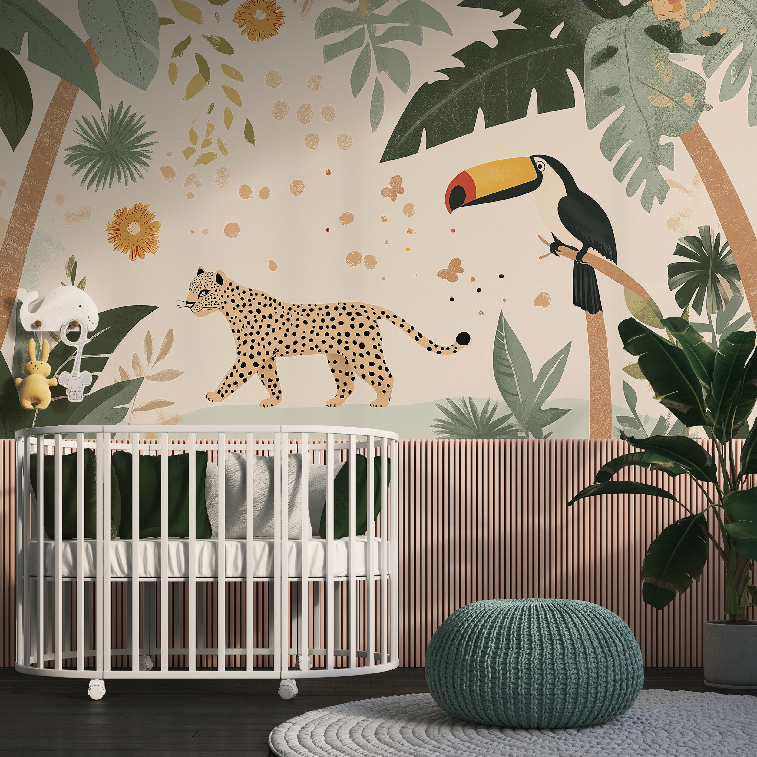 Whimsical tropical wallpaper with cheetah and toucan
Peel and stick jungle-themed nursery wall decor