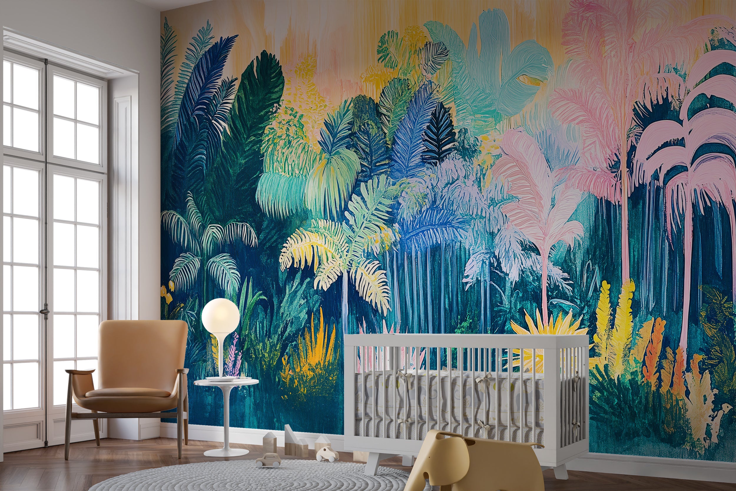 Watercolor Abstract Jungle Mural, Colorful Forest Wallpaper, Peel and Stick Nursery Removable Wall Decor