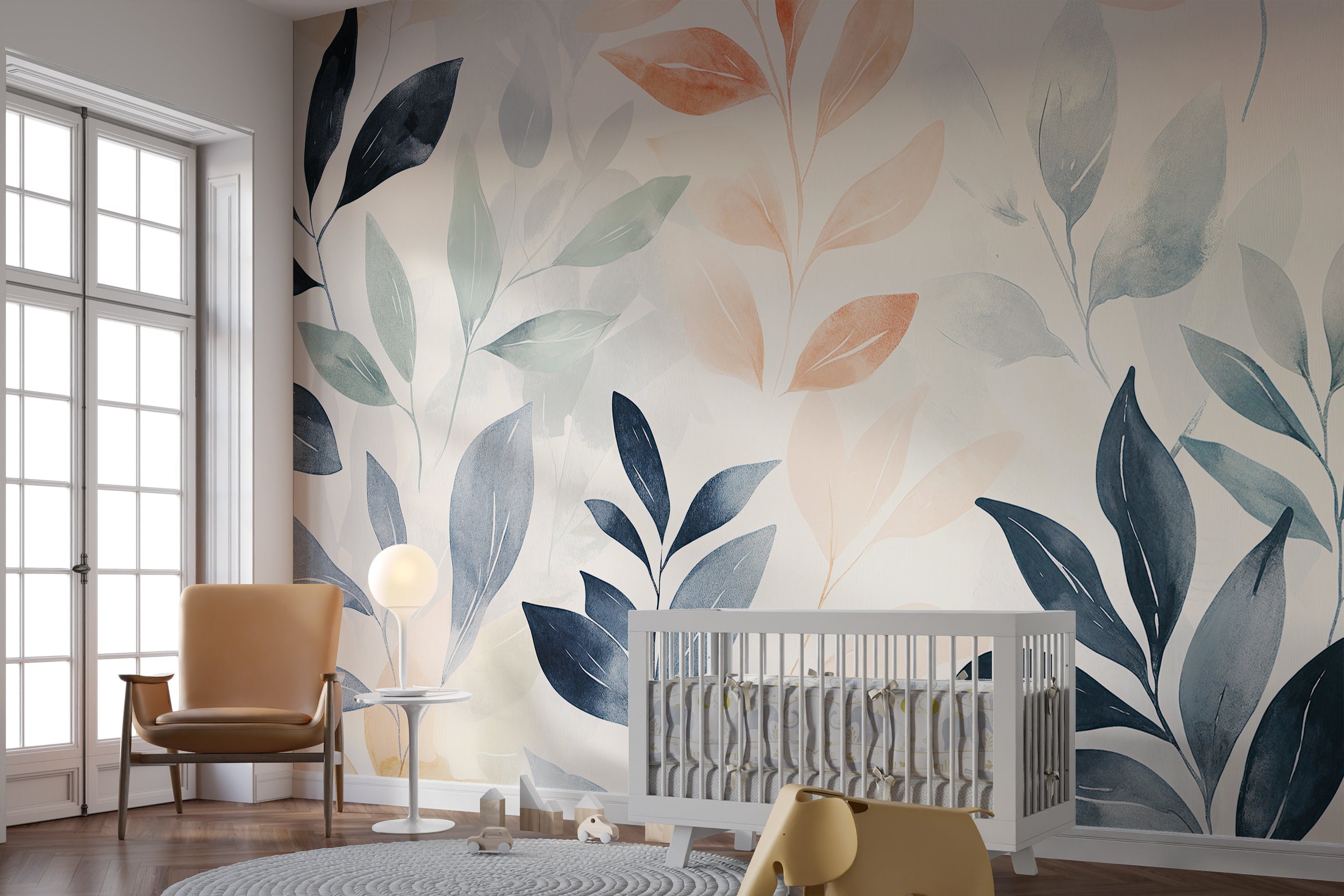 Large Scale Pastel Colors Leaves Mural, Minimalist Botanical Wallpaper, Peel and Stick Boho Pastel Colors Leaf Art