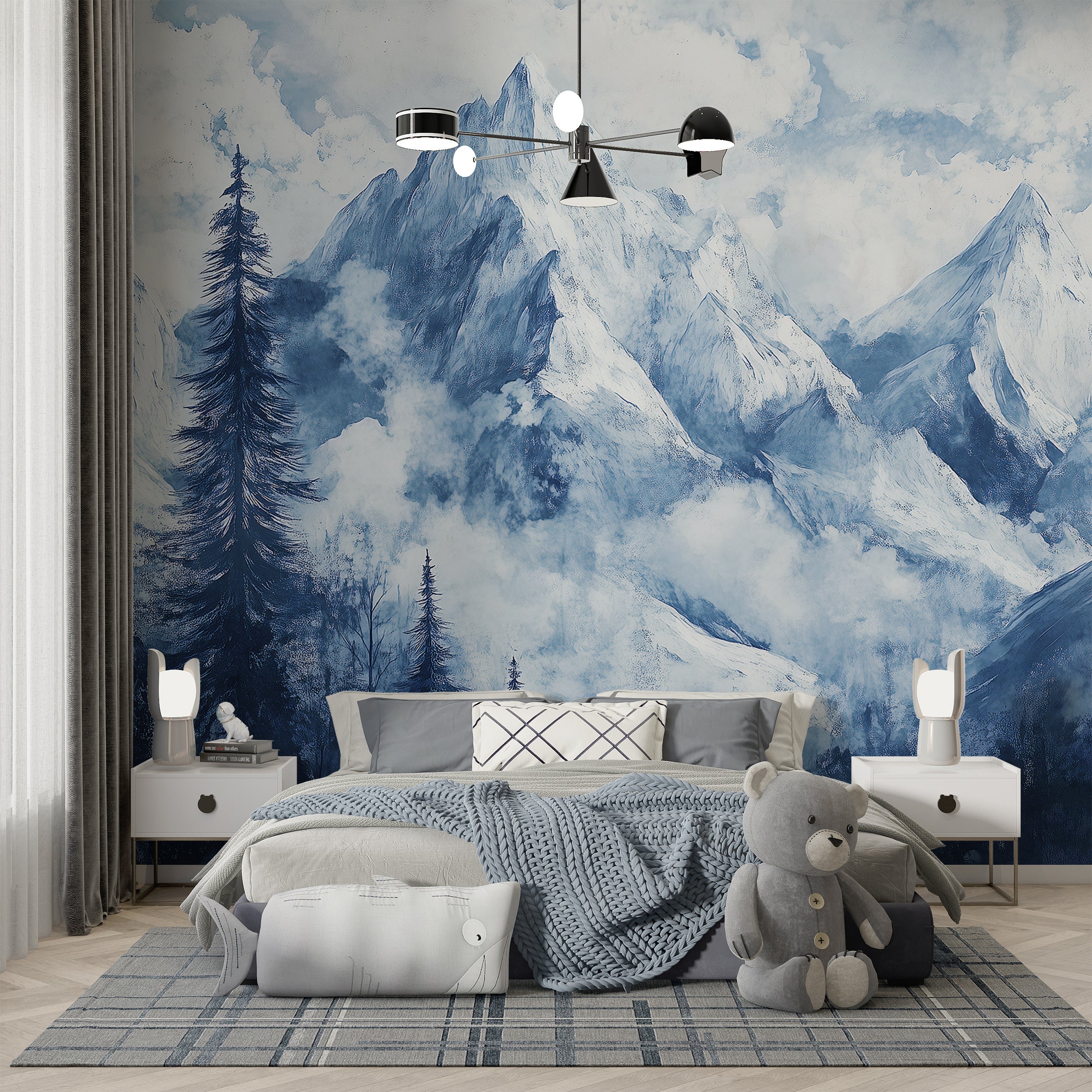 Snowy Mountains Mural, Blue Watercolor Forest and Mountain Wallpaper, Peel and Stick Accent Wall Removable Decor