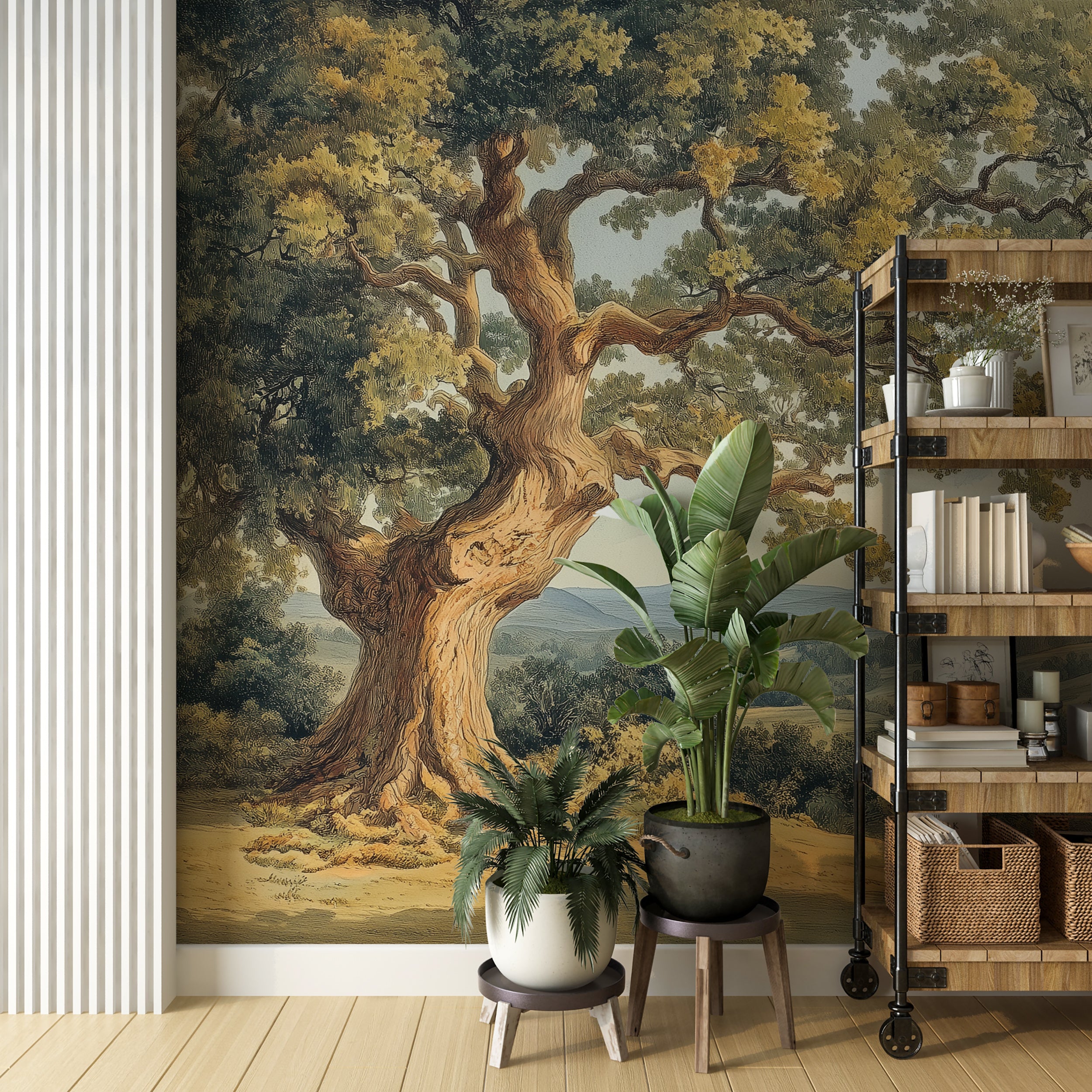 Summer field mural with a large tree and vintage style.
Classic wild nature wall art with removable features.