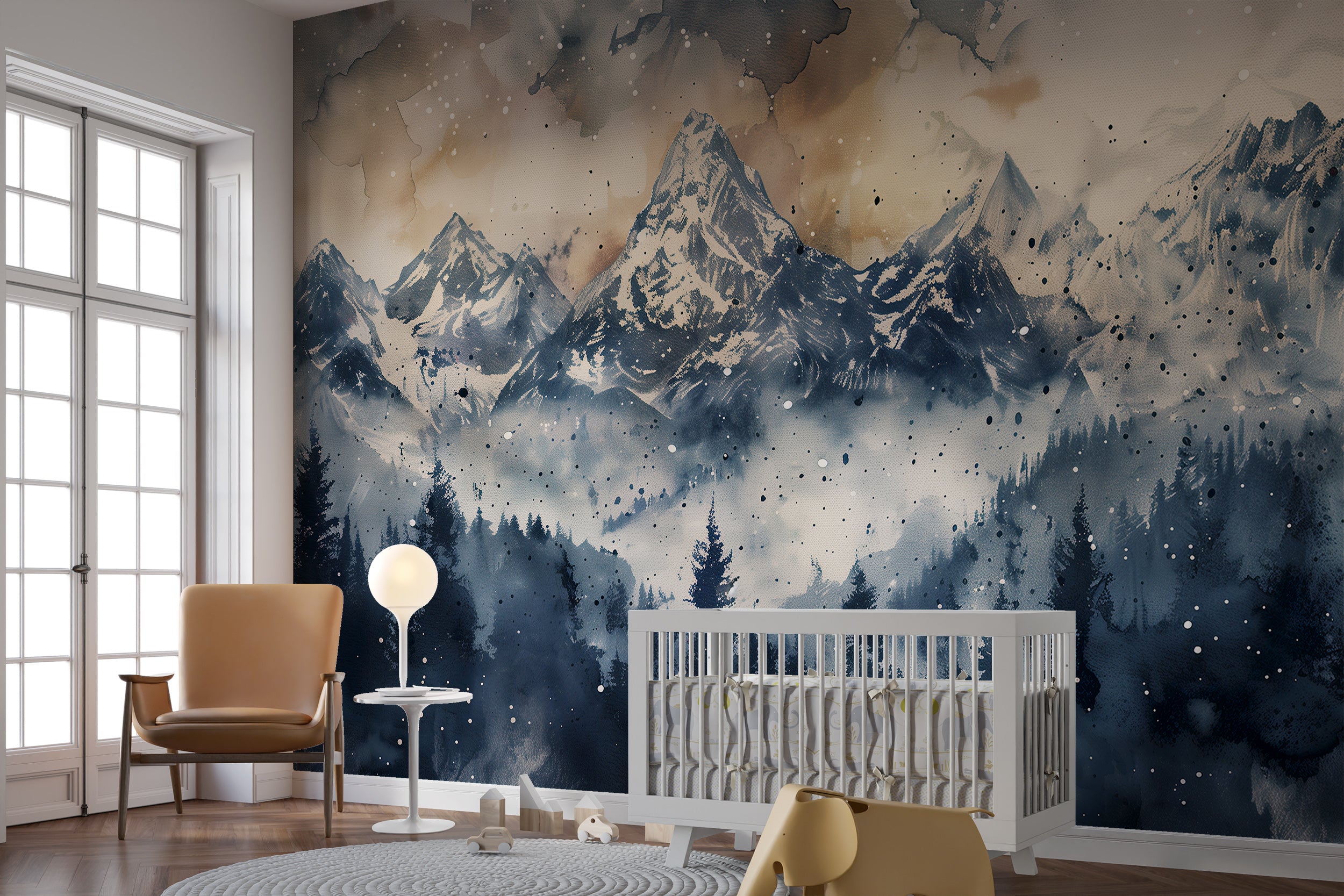 Earth Tones Mountains View Mural, Grey and Beige Waretcolor Landscape Wallpaper, Peel and Stick Accent Wall Art