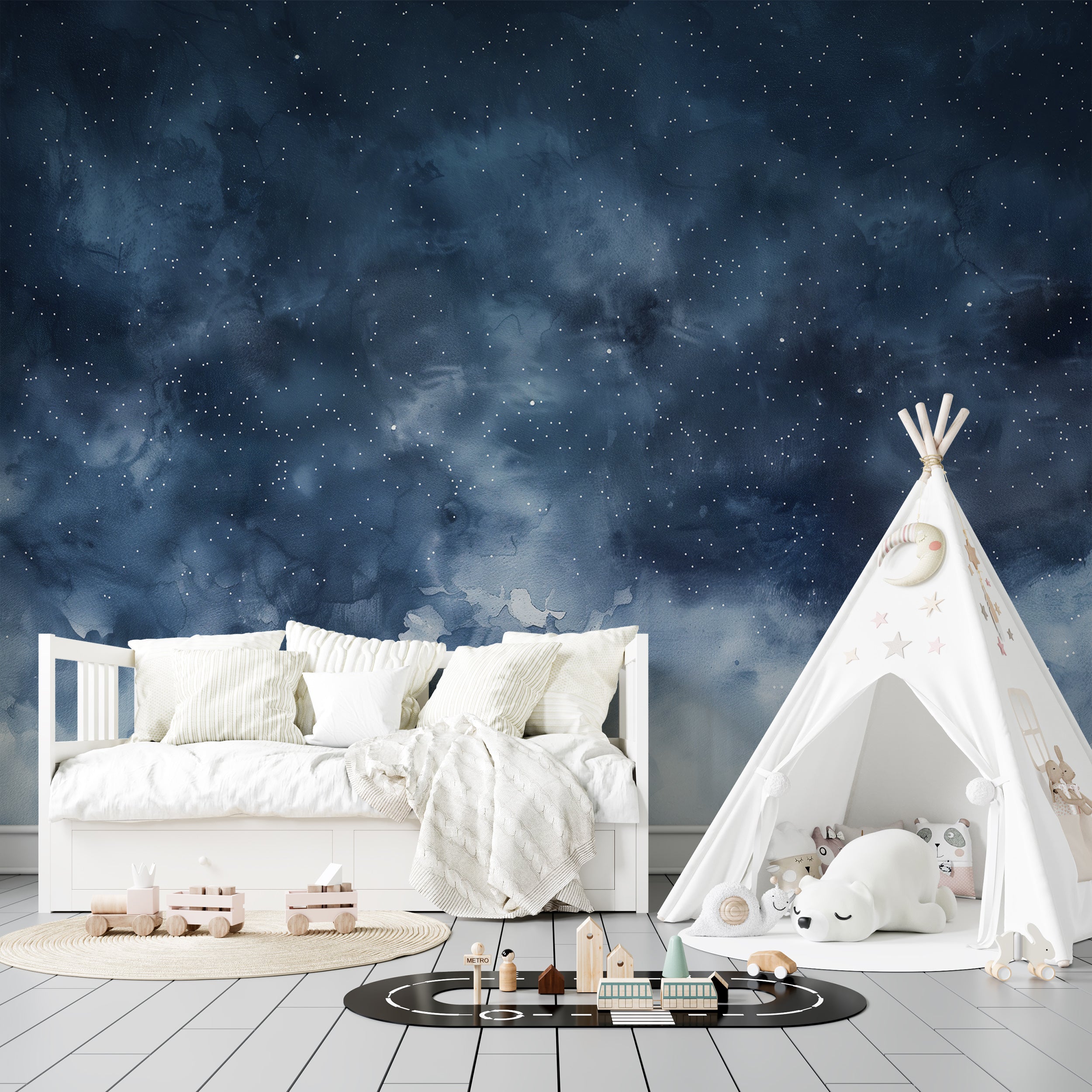 Blue and white starry sky mural for nursery walls
Peel and stick stars and clouds nursery wallpaper