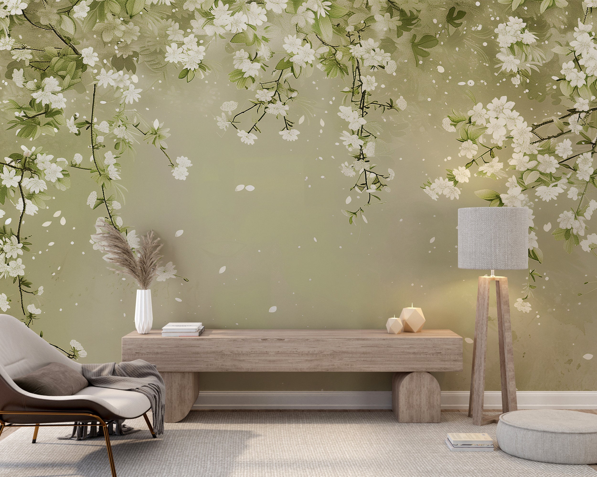 White cherry blossom willow branches mural for walls
Green and white botanical peel and stick wallpaper