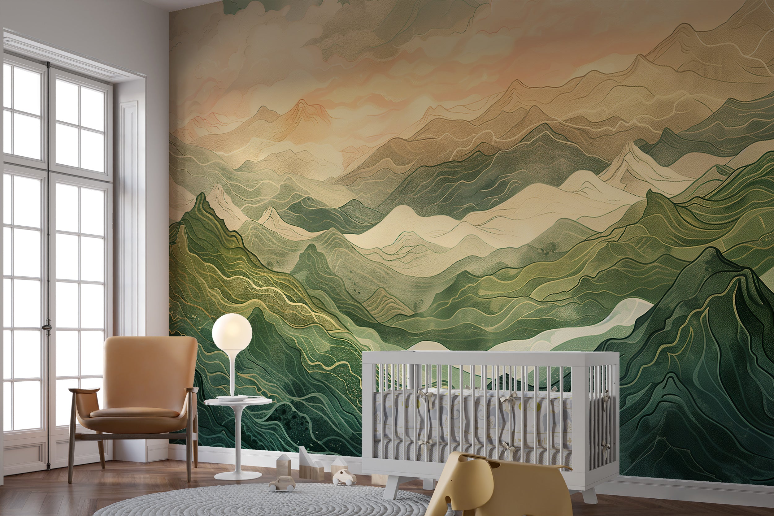 Green and Beige Mountains Mural, Abstract Dunes Wallpaper, Colorful Landscape Peel and Stick Wall Decor