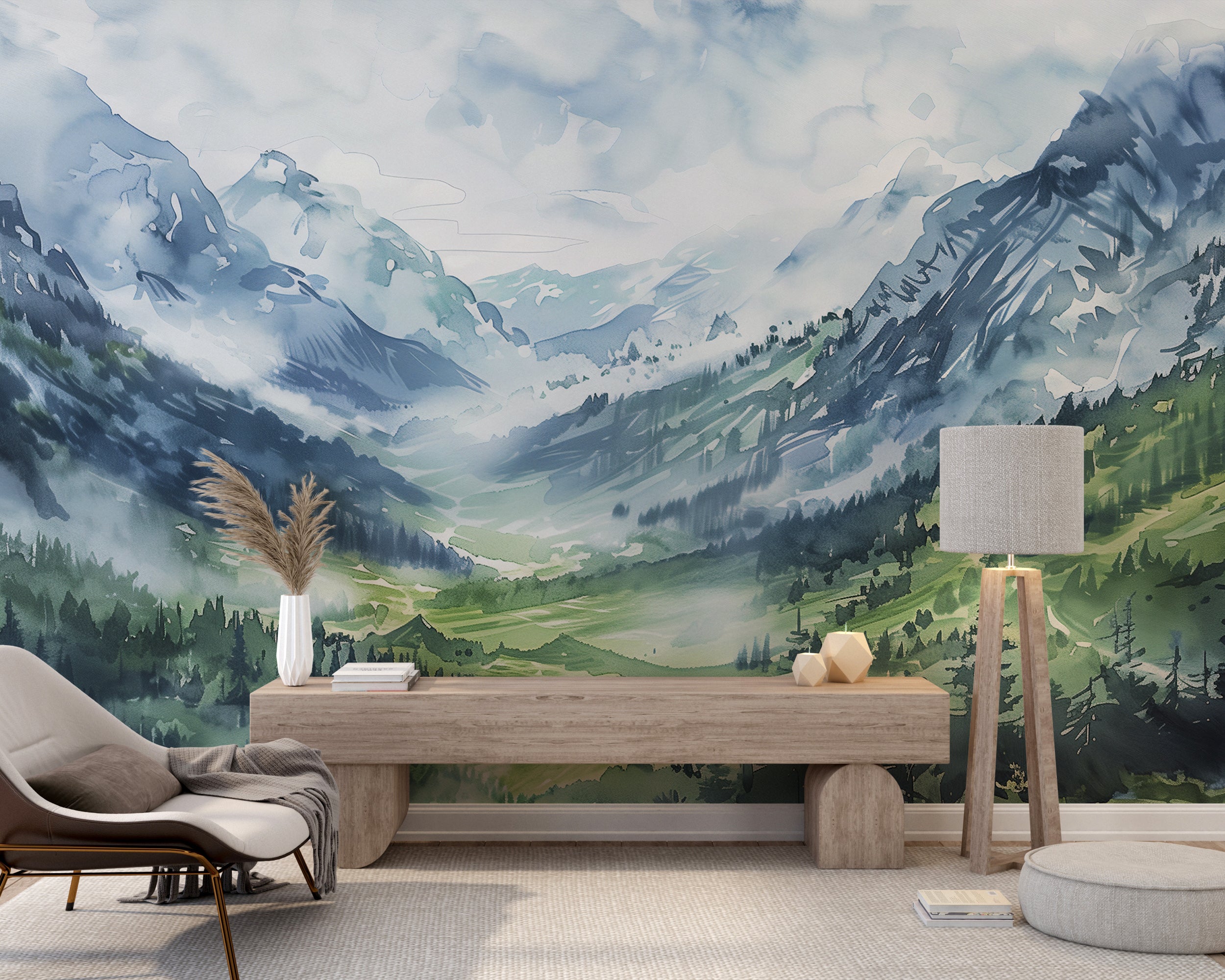 Green and Blue Mountain Valley Mural, Cloudy Mountains Wallpaper, Watercolor Nursery Accents Wall Landscape Mural