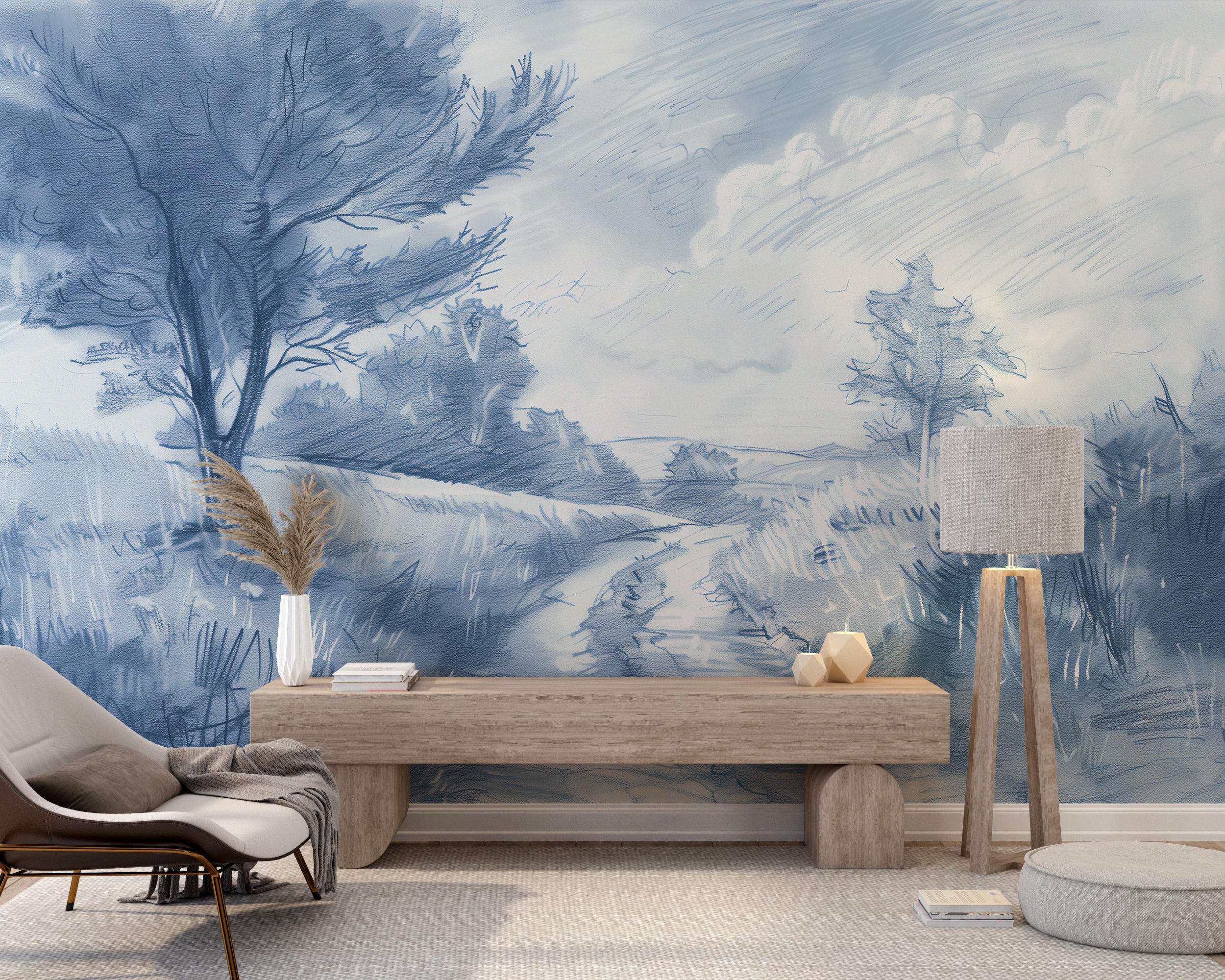 Blue monochrome field mural for classic French decor
Toile de Jouy landscape wallpaper with road and trees