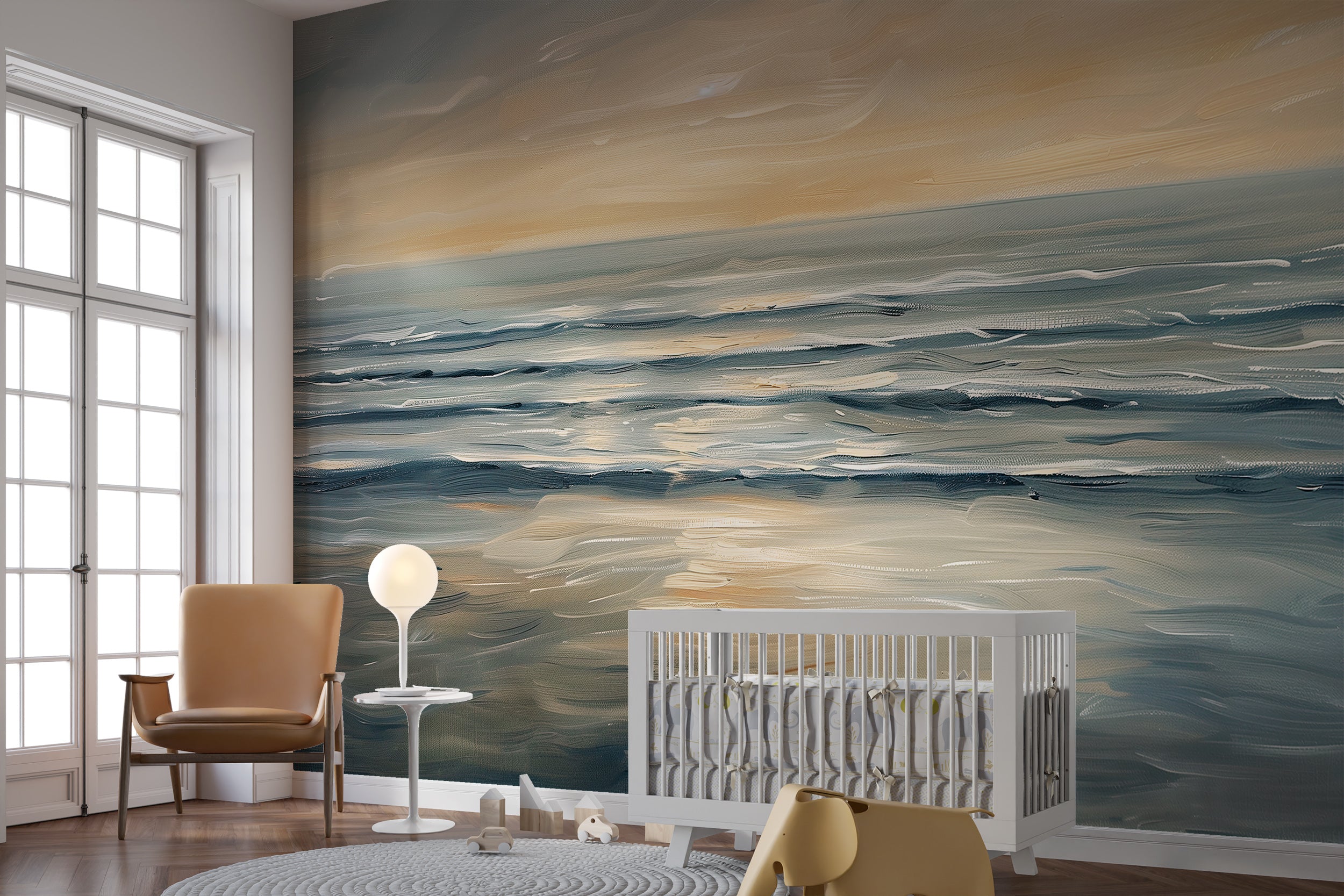 Calm Ocean Oil Painting Wall Mural, Peel and Stick Sea Sunset Wallpaper, Ocean Horizon Acccent Wall Decor