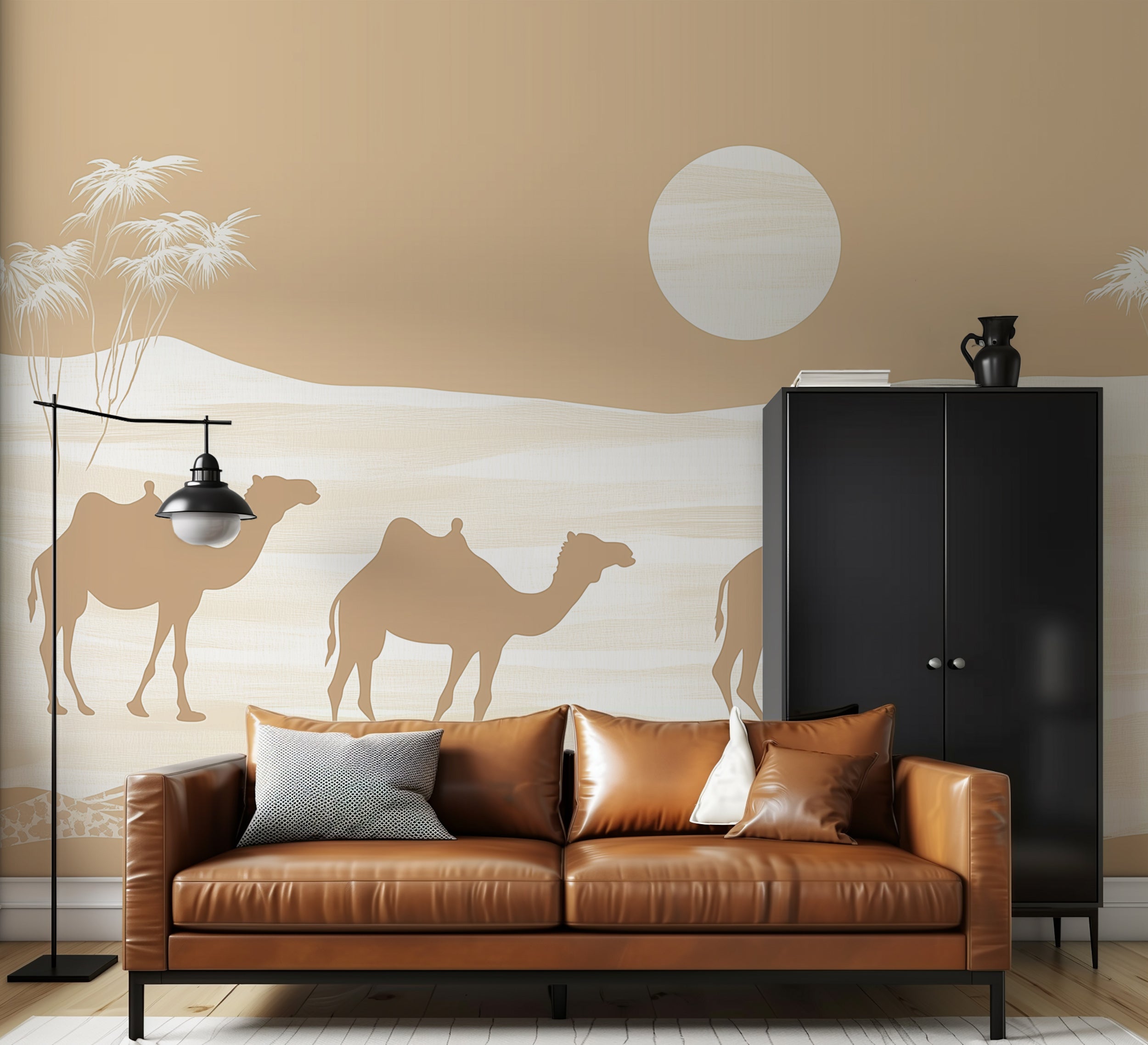 Minimalist Camels in Desert Wall Mural, Peel and Stick Beige and White Sand Dunes Landscape Wallpaper