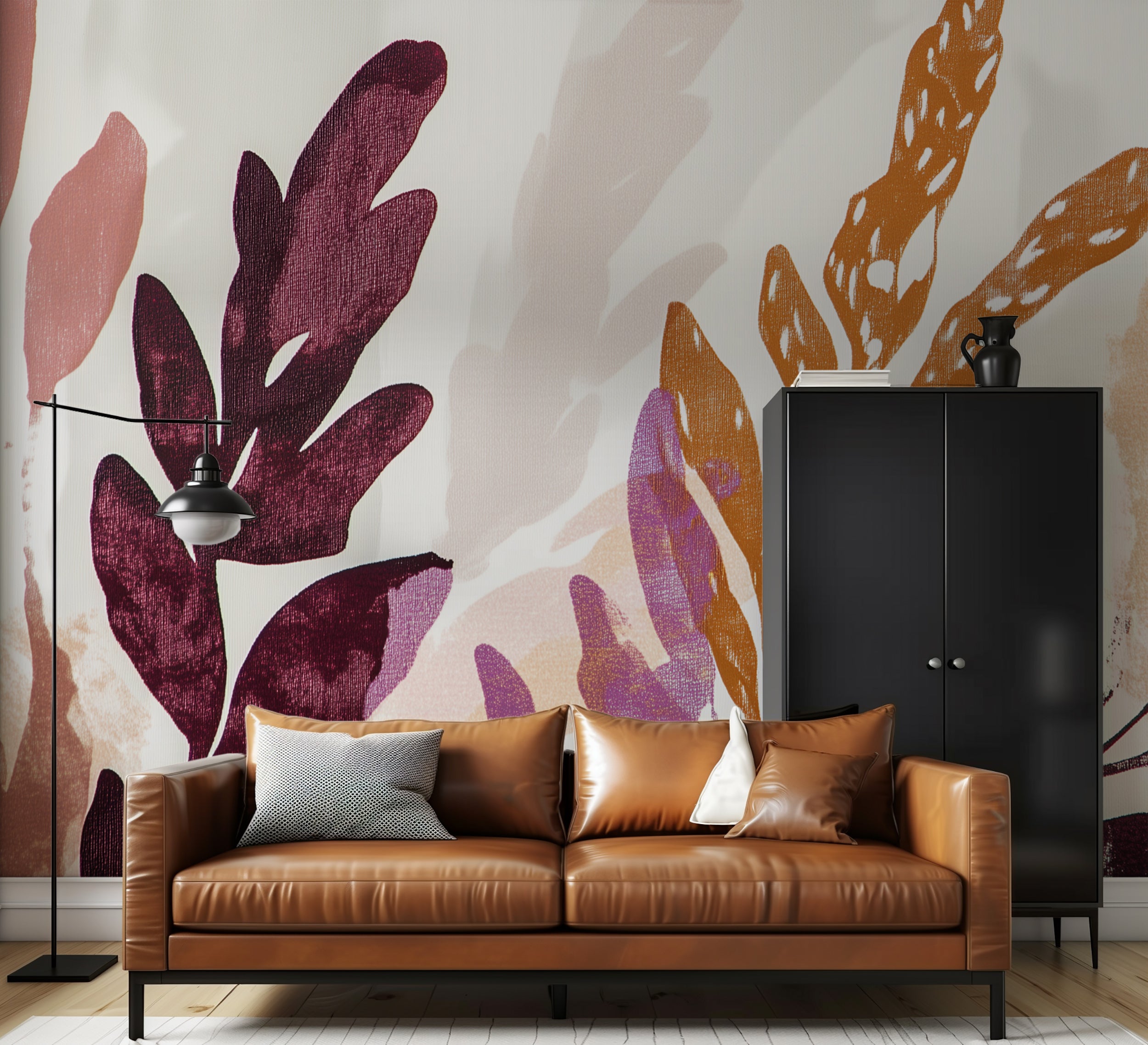 Boho botanical mural with bold and colorful branches.
Large-scale branch mural for Scandinavian-style interiors.