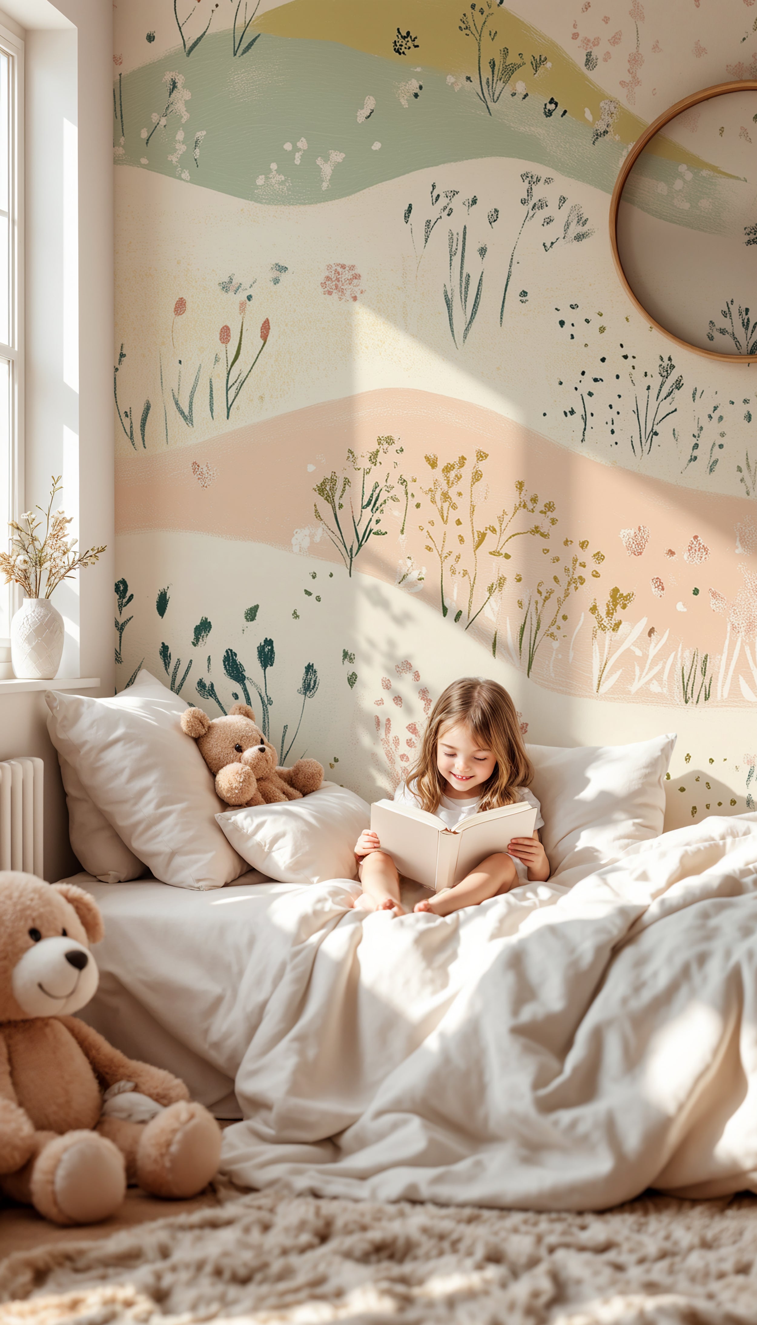 Pastel wildflower mural with abstract floral meadow design.
Nursery pastel flower mural with calming wildflowers.