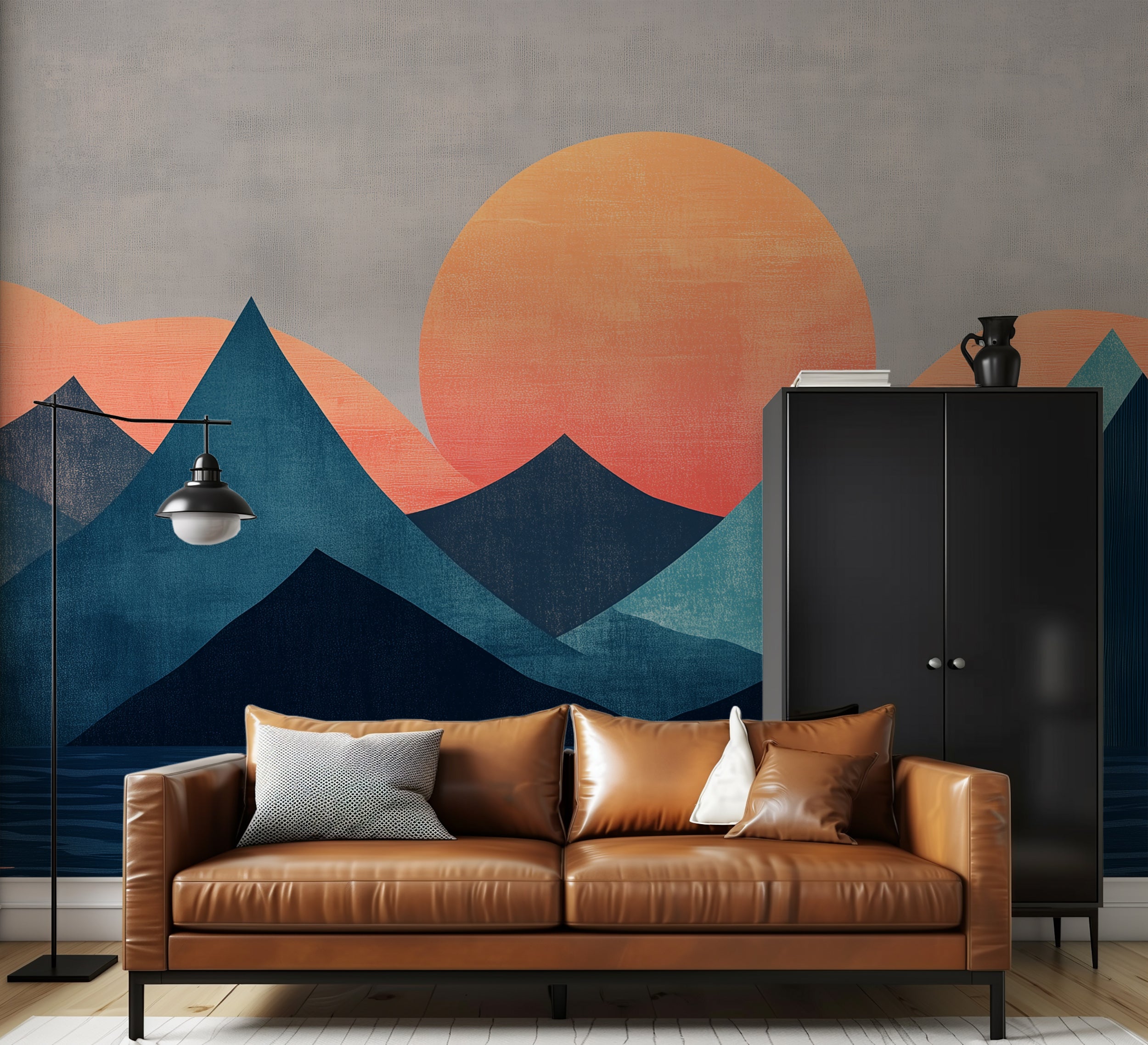 Sunset Over the Mountains Mural, Blue Abstract Mountain Landscape Mural, Peel and Stick Blue and Orange Minimalist Decor