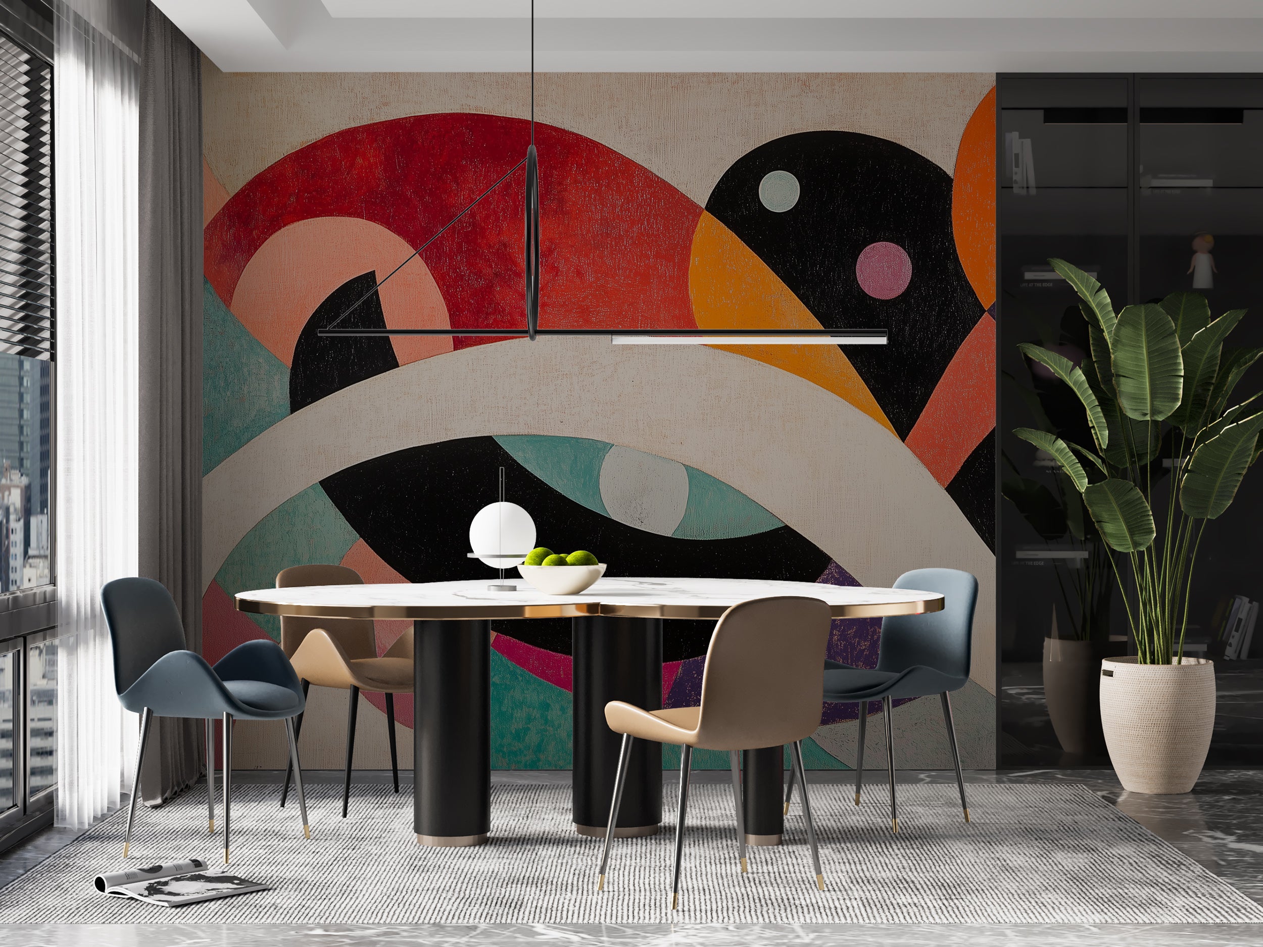 Abstract Colorful Mural, Mid Century Peel and Stick Wallpaper, Modern Geometric Shapes Removable Wall Art