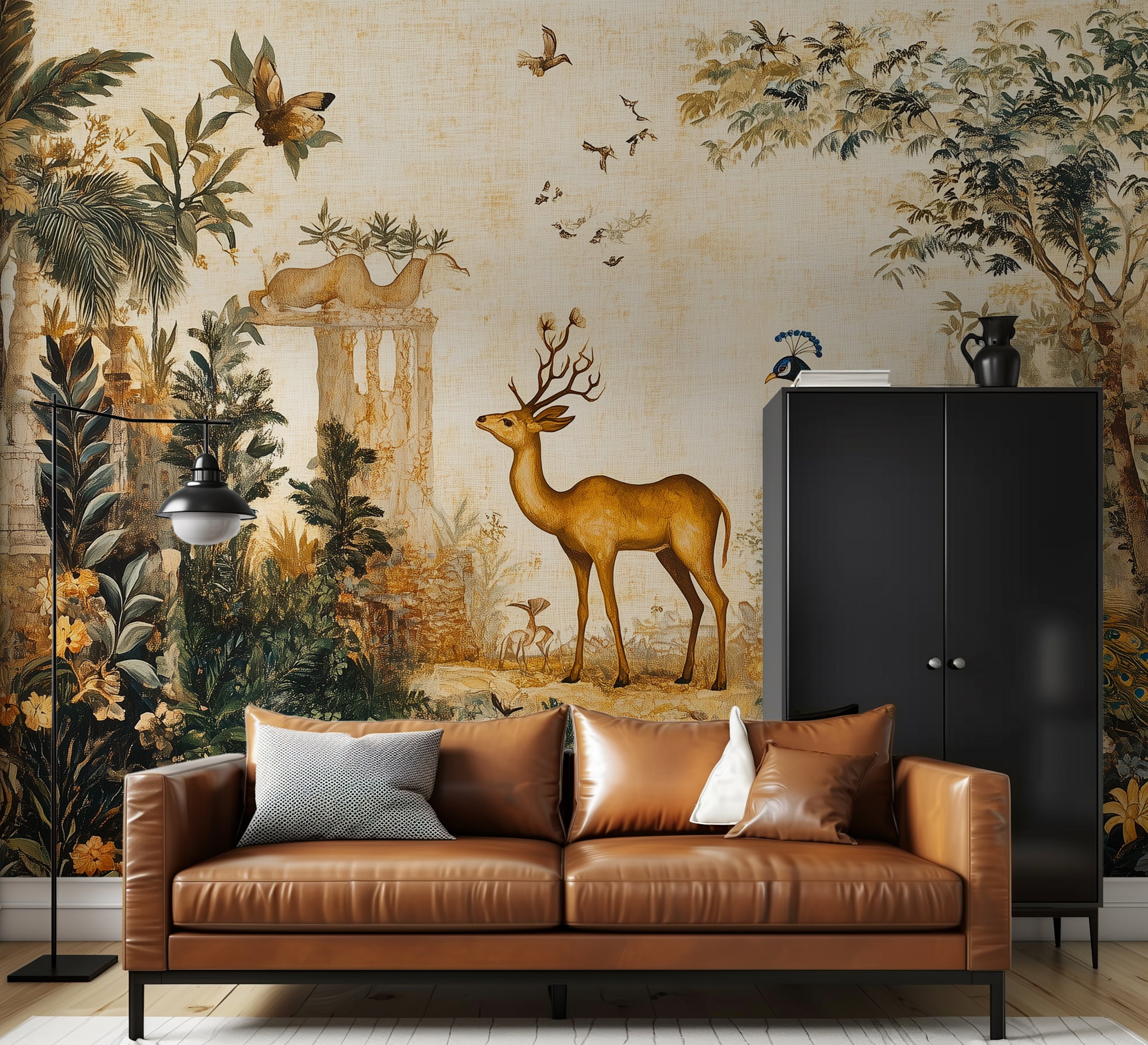 Vintage Blossom Ancient Scenic Mural, Peacock and Deer Wallpaper, Traditional Japanese Botanical Wall Mural