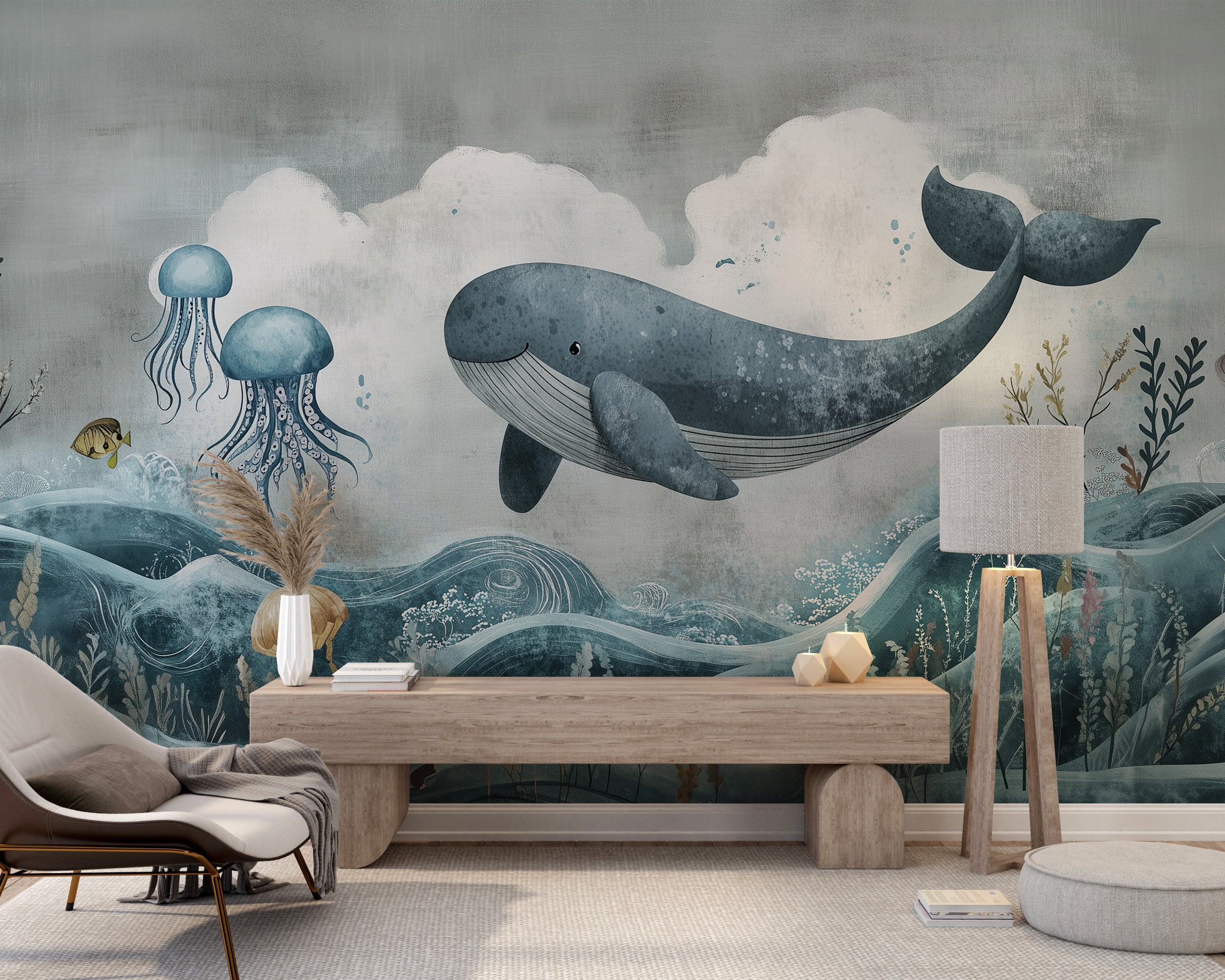 Kids wallpaper with a blue underwater ocean scene.
Whimsical nursery mural featuring whales and jellyfish.