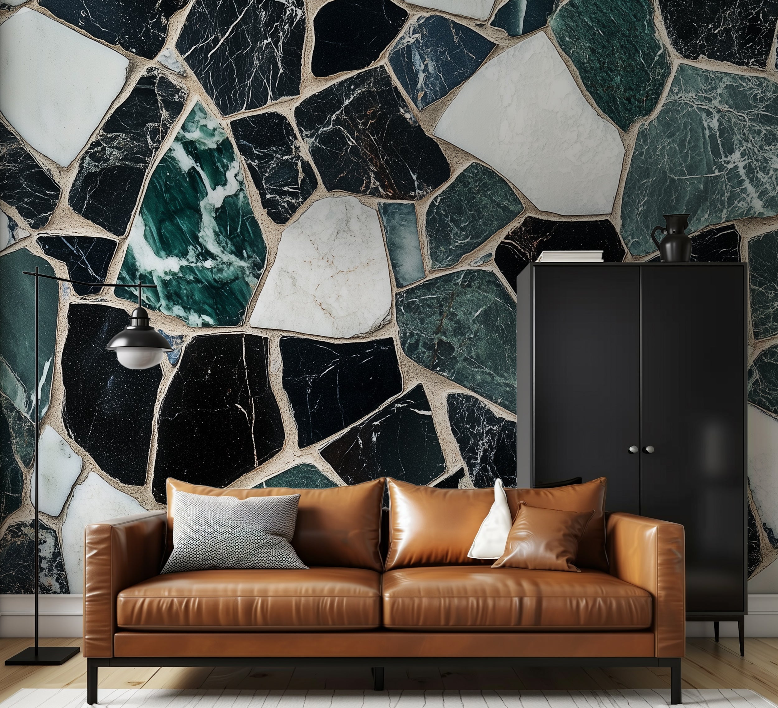 Peel-and-stick marble mural for luxurious interiors.
Black and white marble tile design for bathrooms.