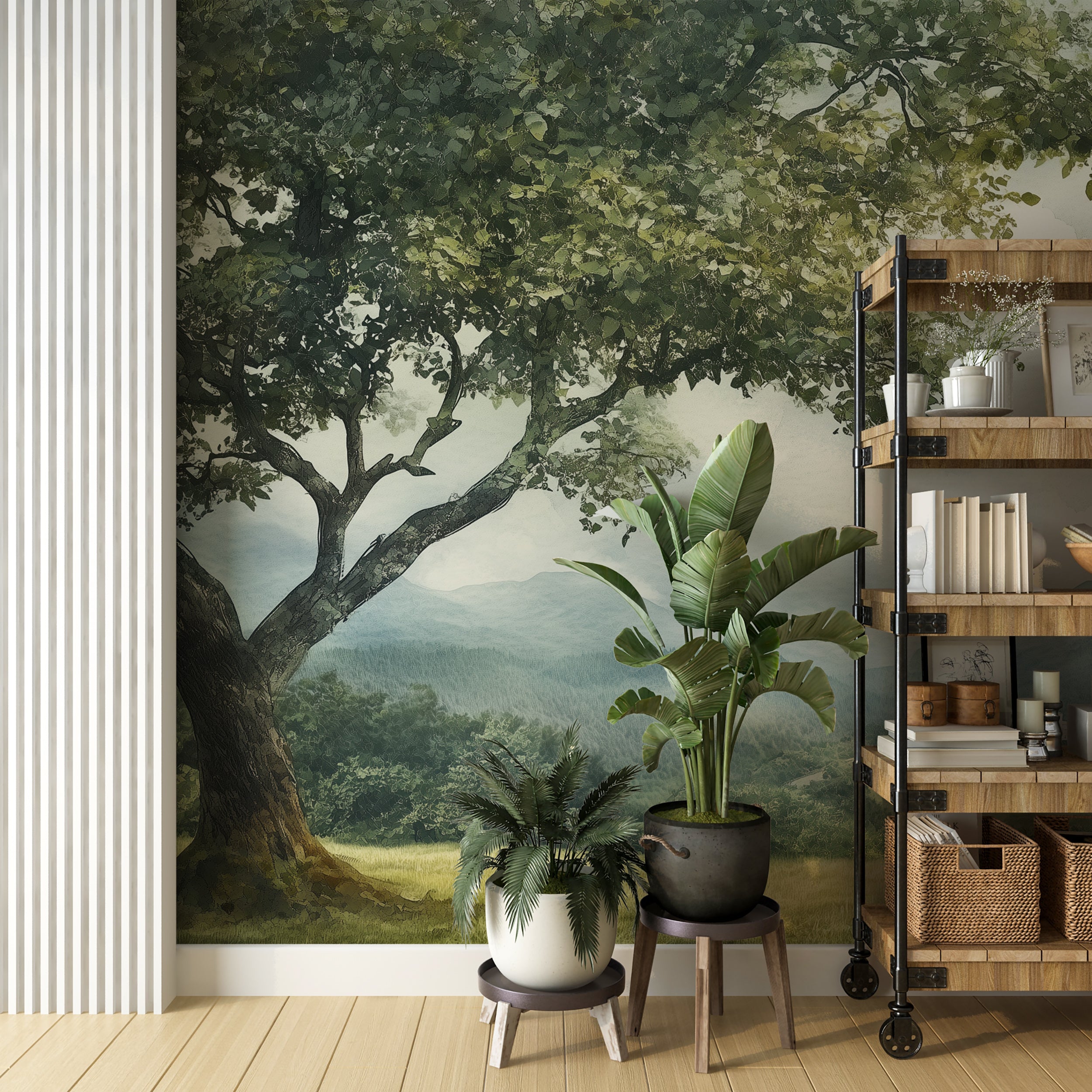 Cloudy Scenic Wall Mural, Vintage Green Mountain Valley Landscape Wallpaper, Breathtaking View Wall Mural