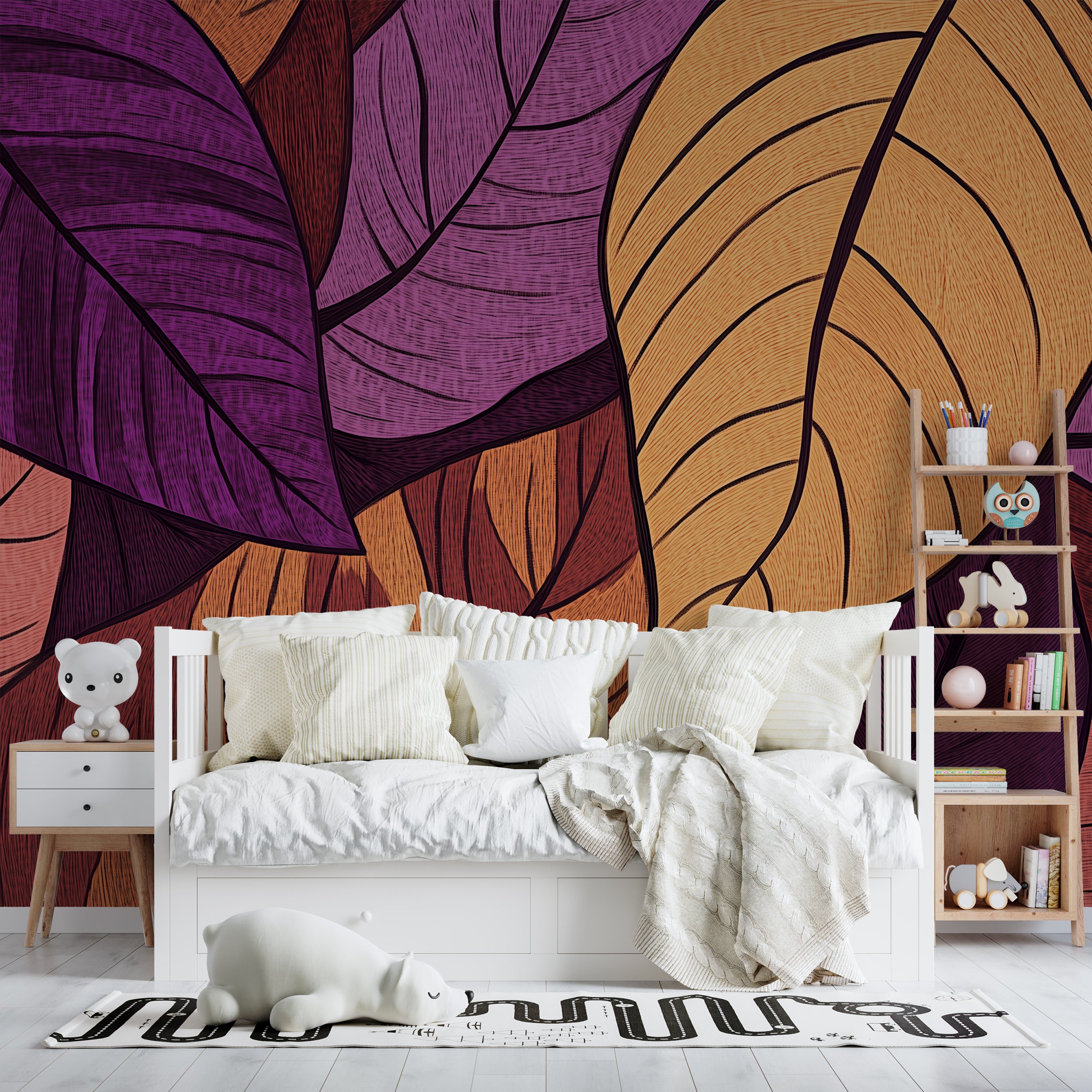 Large Scale Colourful Tree Leaves Mural, Accent Wall Purple and Yellow Botanical Wallpaper, Peel and Stick Decor