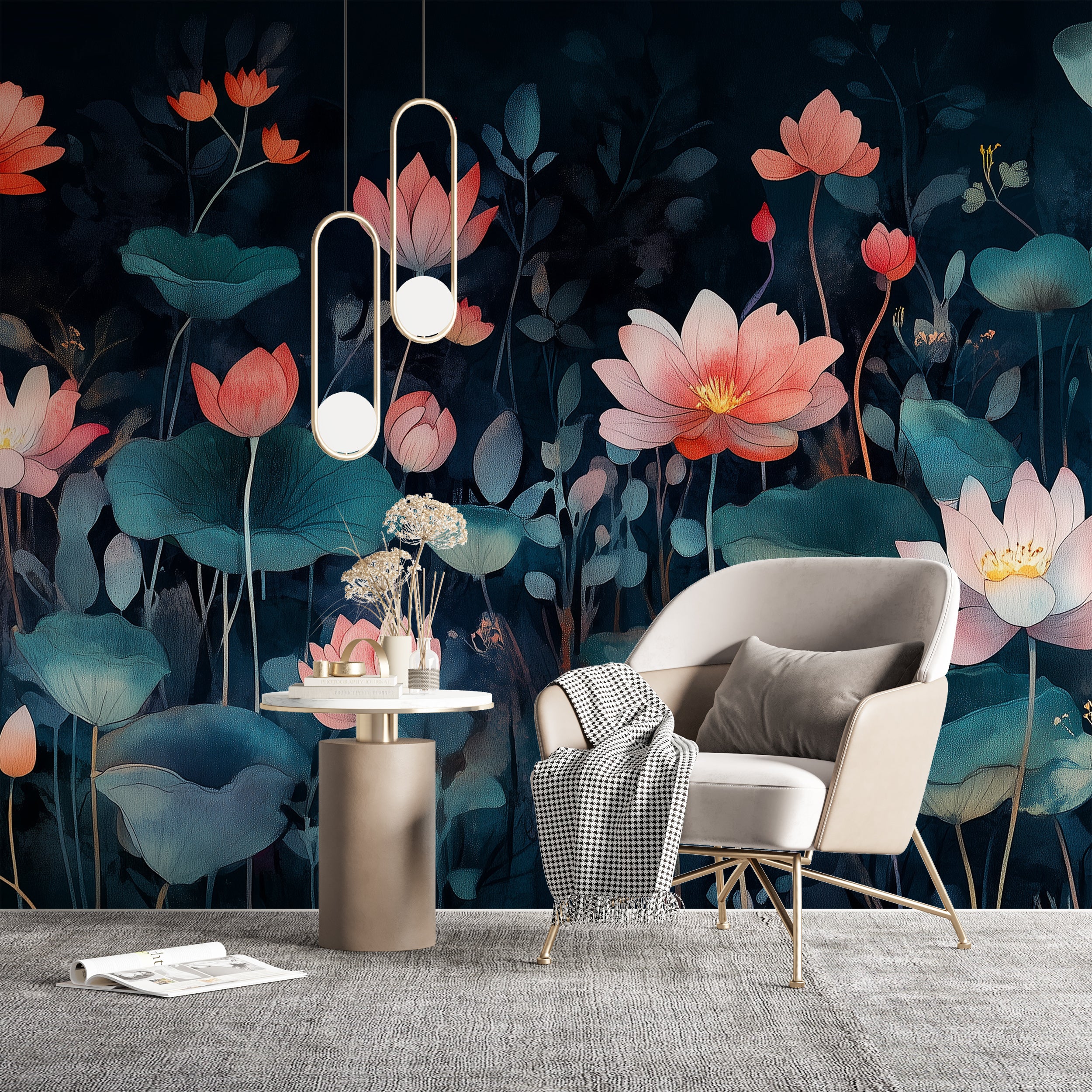 Dark lotus flowers mural in blue and pink.
Botanical wallpaper with dark floral accents.