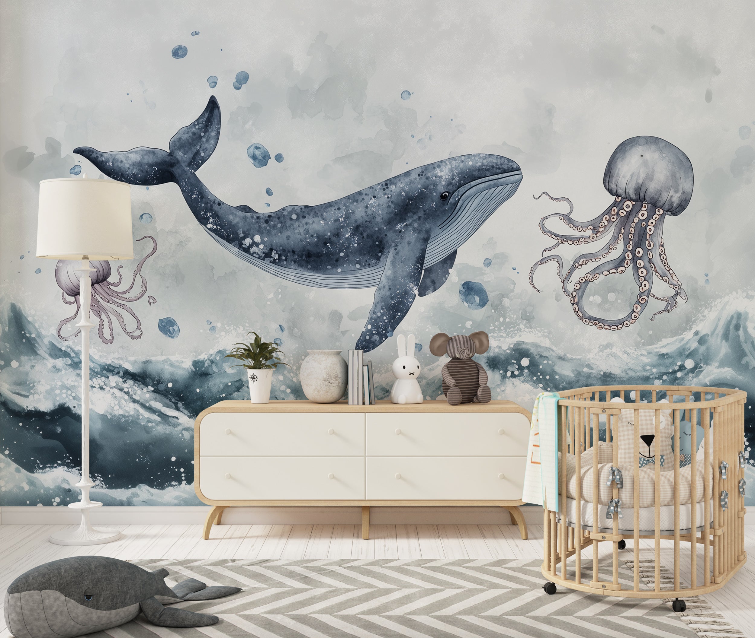 Watercolor nursery ocean animals mural.
Whale wall mural with abstract underwater design.