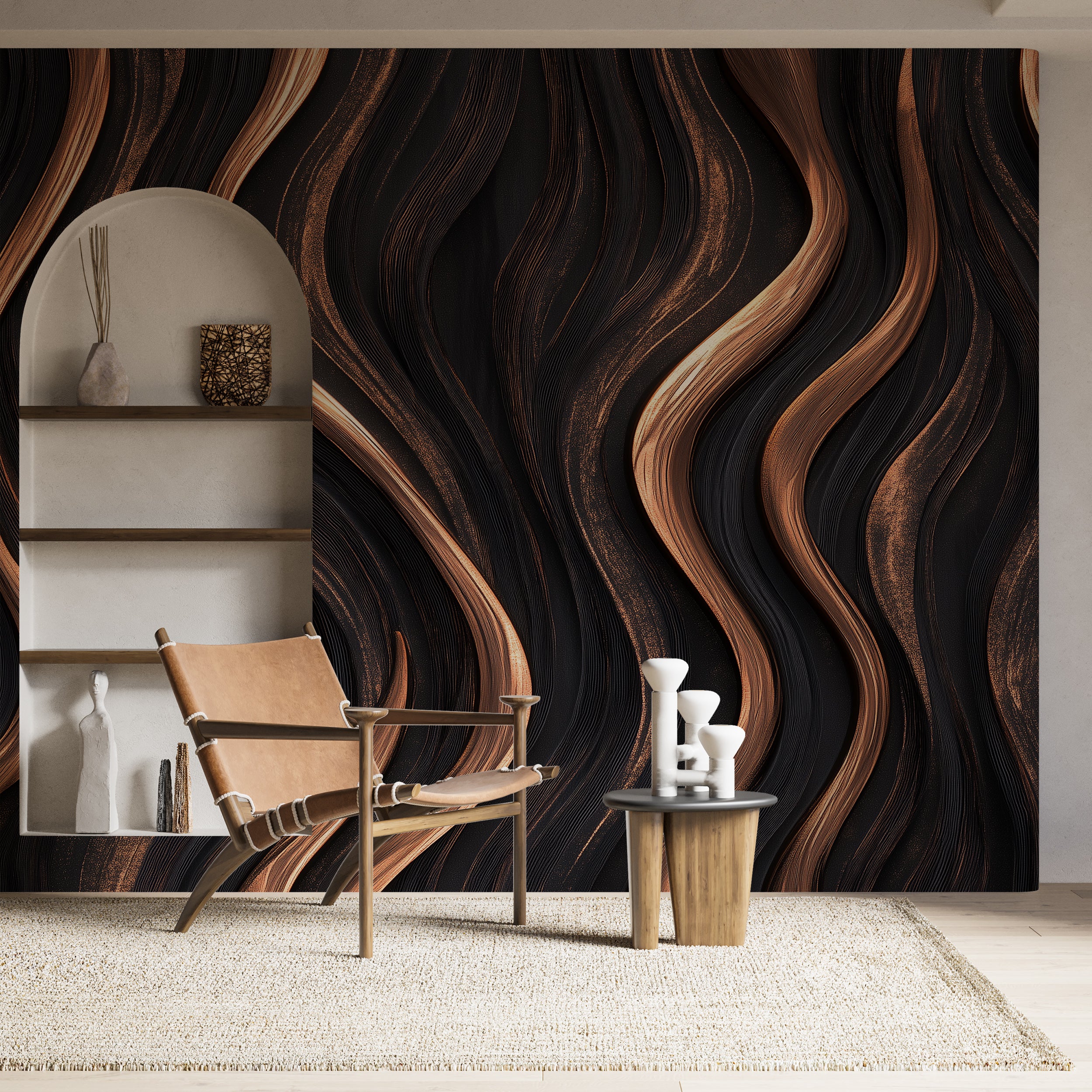 Dark Abstract Wooden Waves Mural, Dark Brown Wood Wallpaper, Wavy Wall Mural, Peel and Stick Accent Home Decor