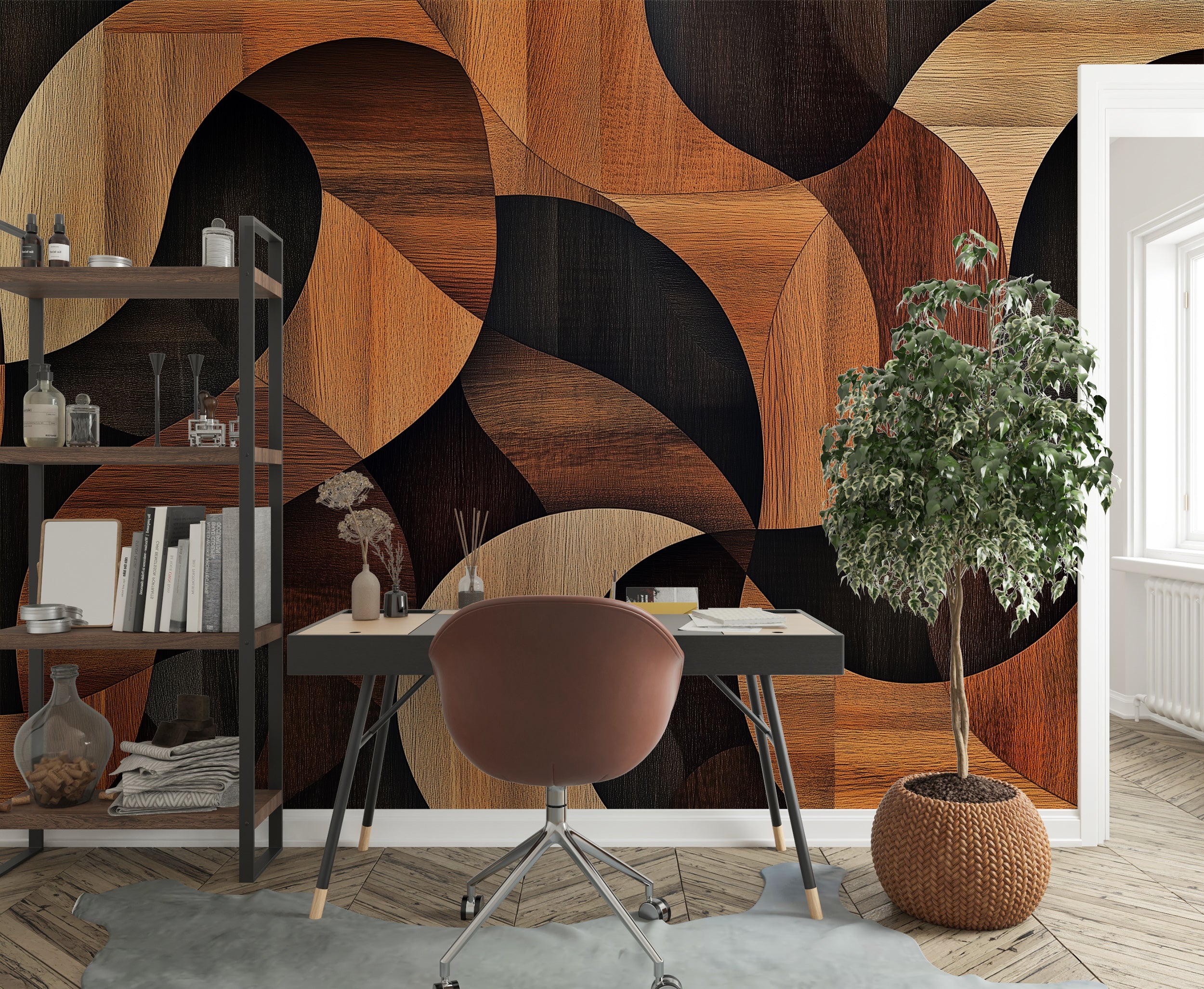 Wooden Shapes Abstract Wallpaper, Geometric Walnut Wood Mural, Dark Brown Accent Wall Decor