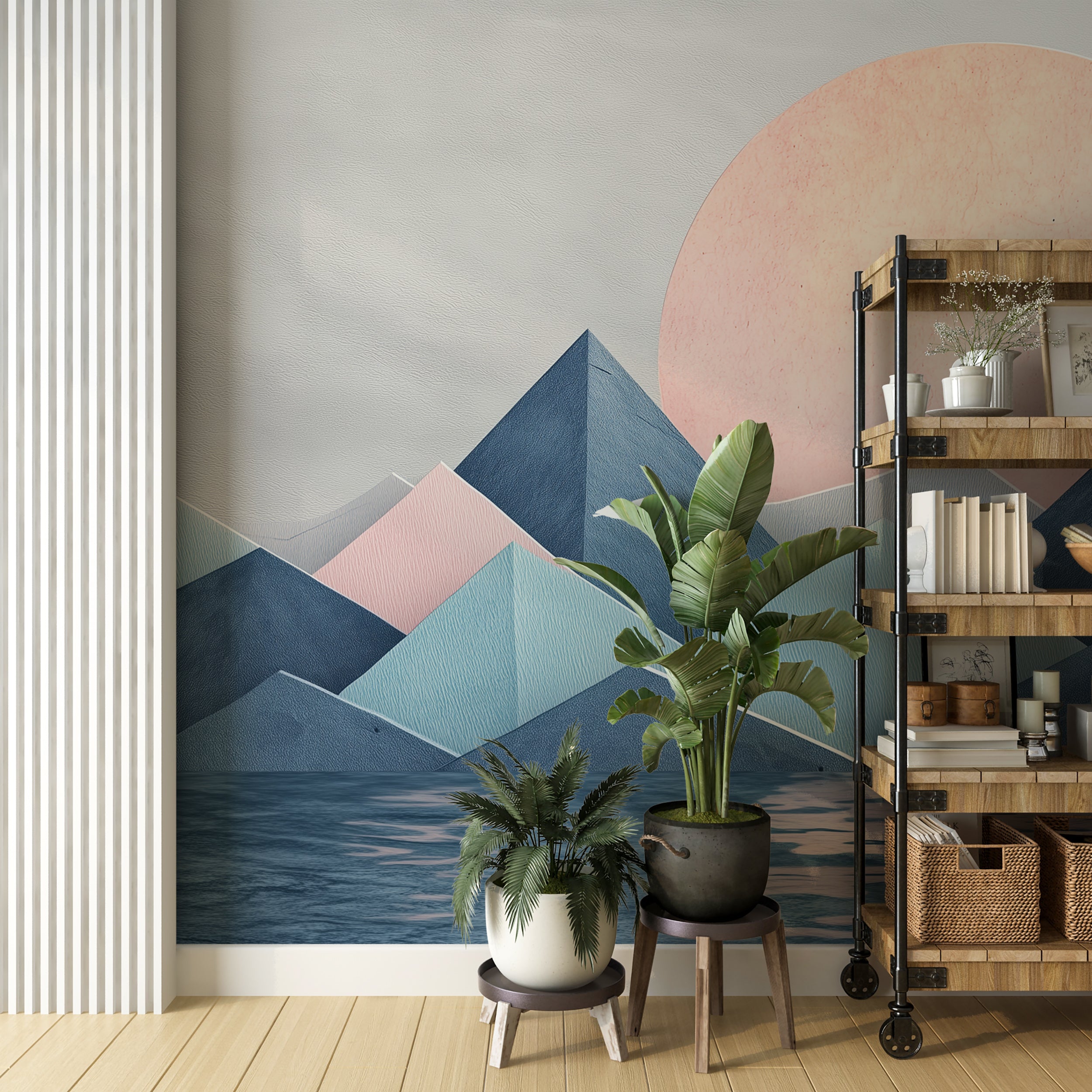 Abstract Blue Mountains in Cubism Style Mural, Nursery Peel and Stick Sunset Wallpaper