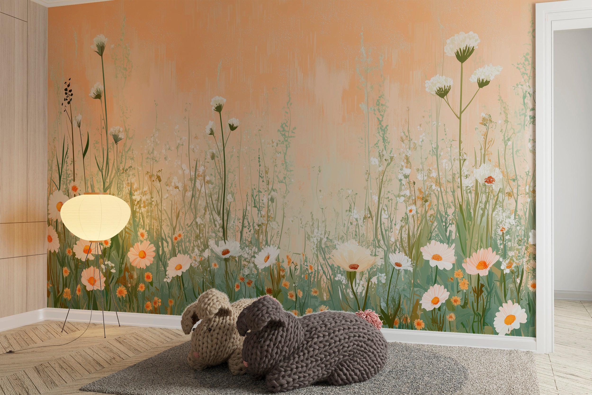 Peach Color Flower Field Mural, Soft Kids Room Wild Daisies Wallpaper, Peel and Stick Light Botanical Mural