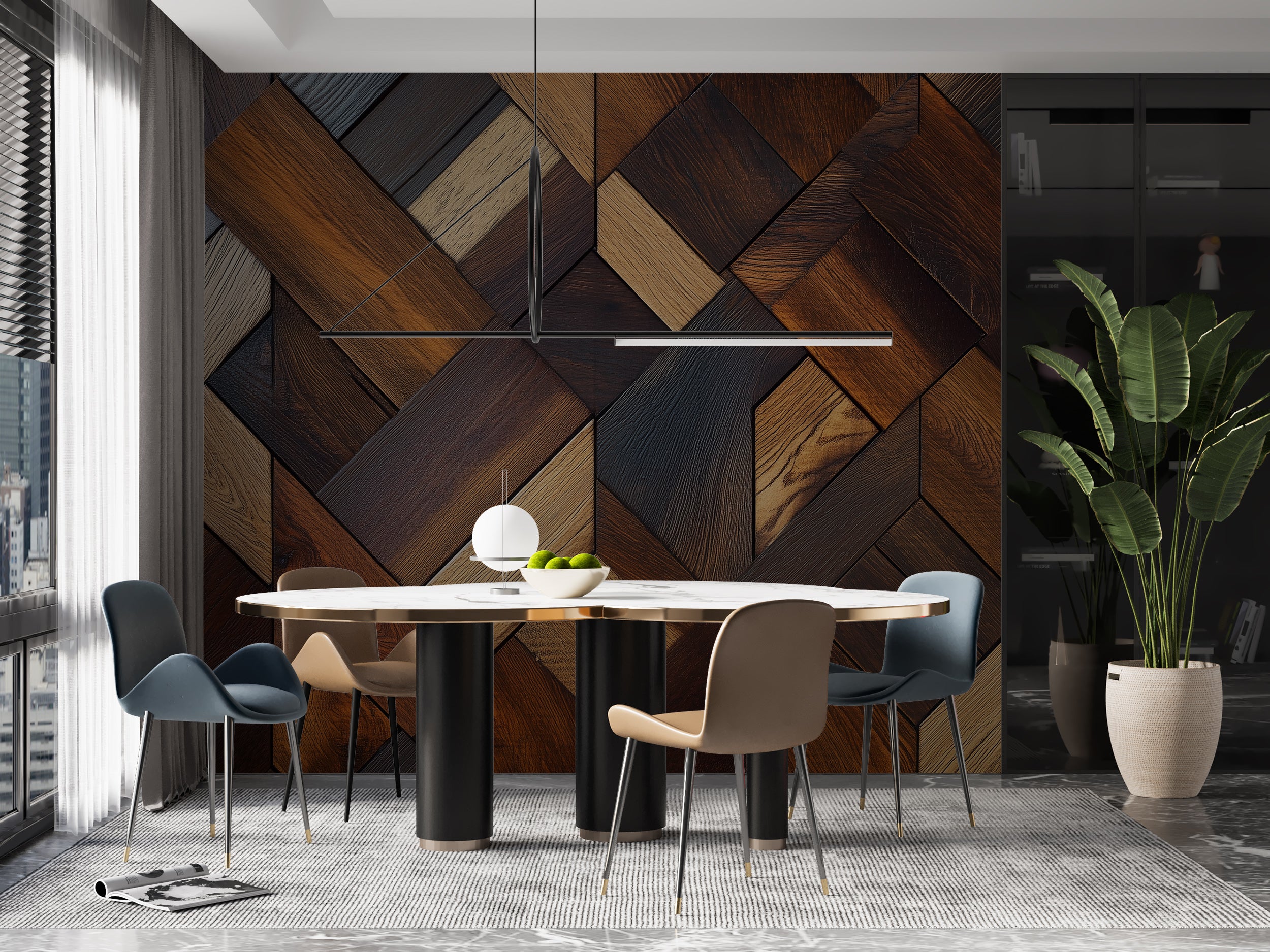 Dark Wooden Style Panels Wall Mural, Wood Shapes Wallpaper, Peel and Stick Removable Accent Wall Decor