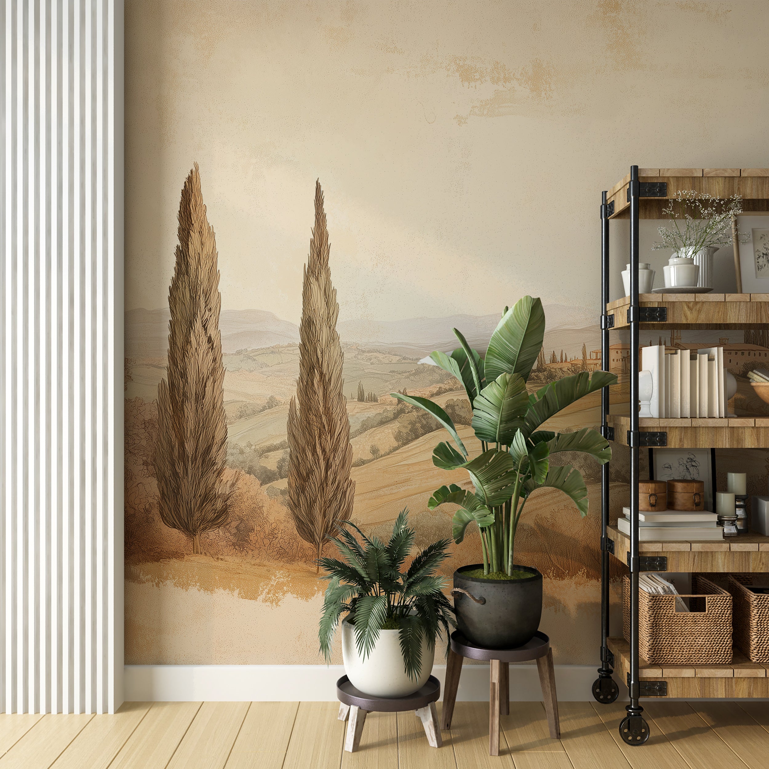 Beige Watercolor Vintage Landscape Mural, House and Trees Retro Scenic Wallpaper, Rustic Field Wall Decor