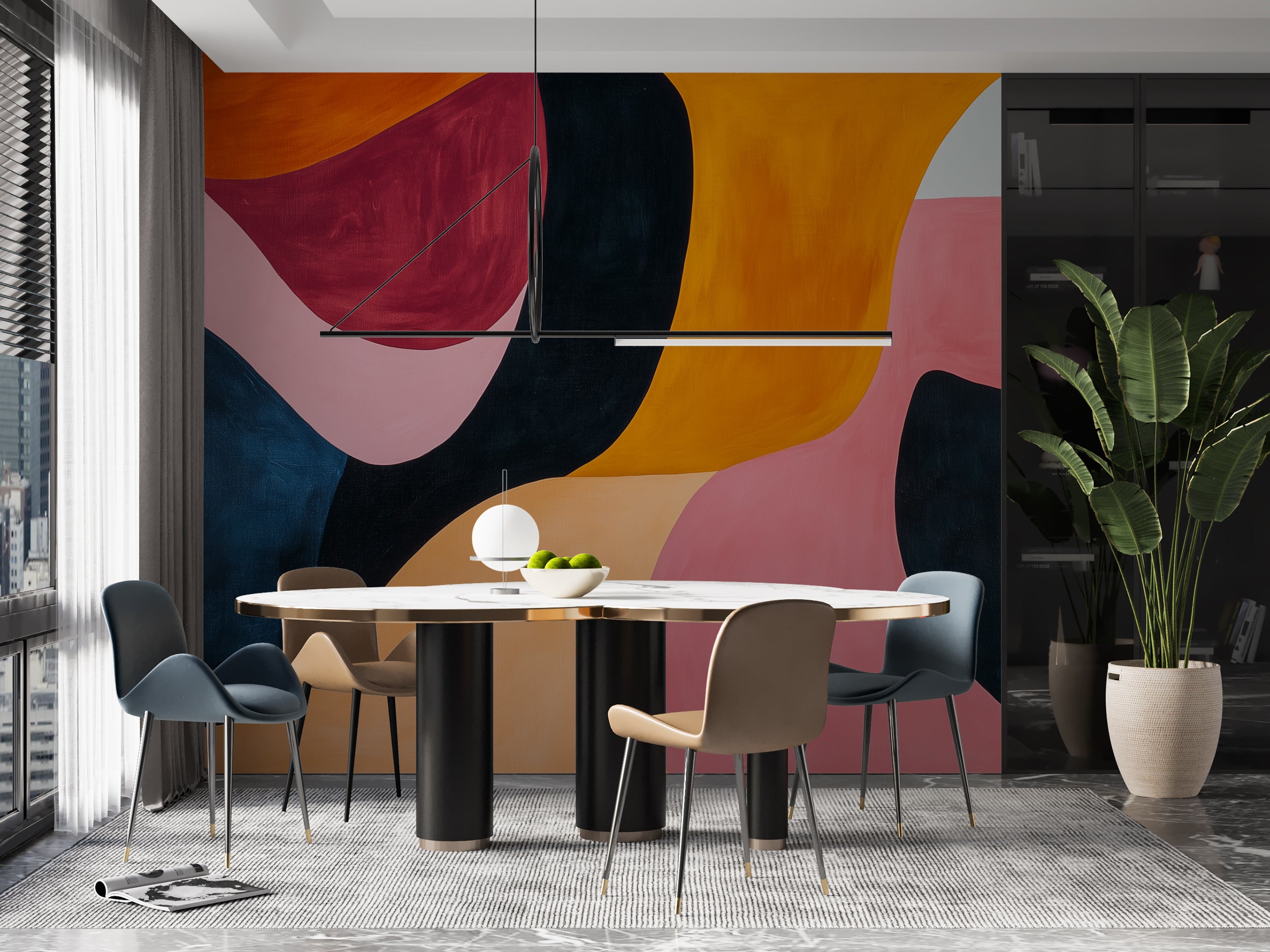 Colorful Mid Century Brush Painted Wall Mural, Pink Yellow and Black Accent Wall Modern Peel and Stick Wallpaper