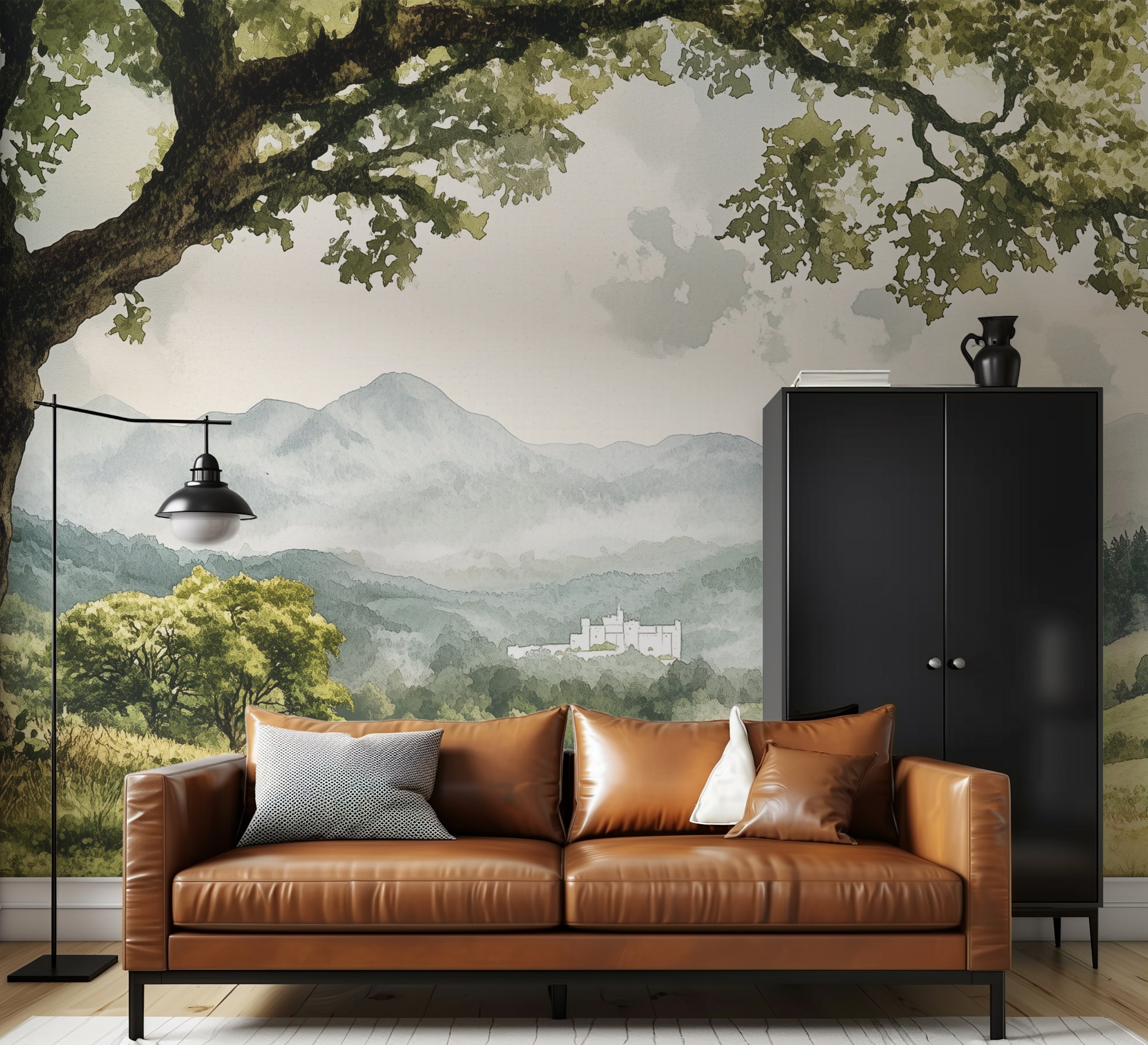 Hanging tree branch scenic wallpaper with mountain valley view.
Peel-and-stick vintage nature landscape mural for home decor.