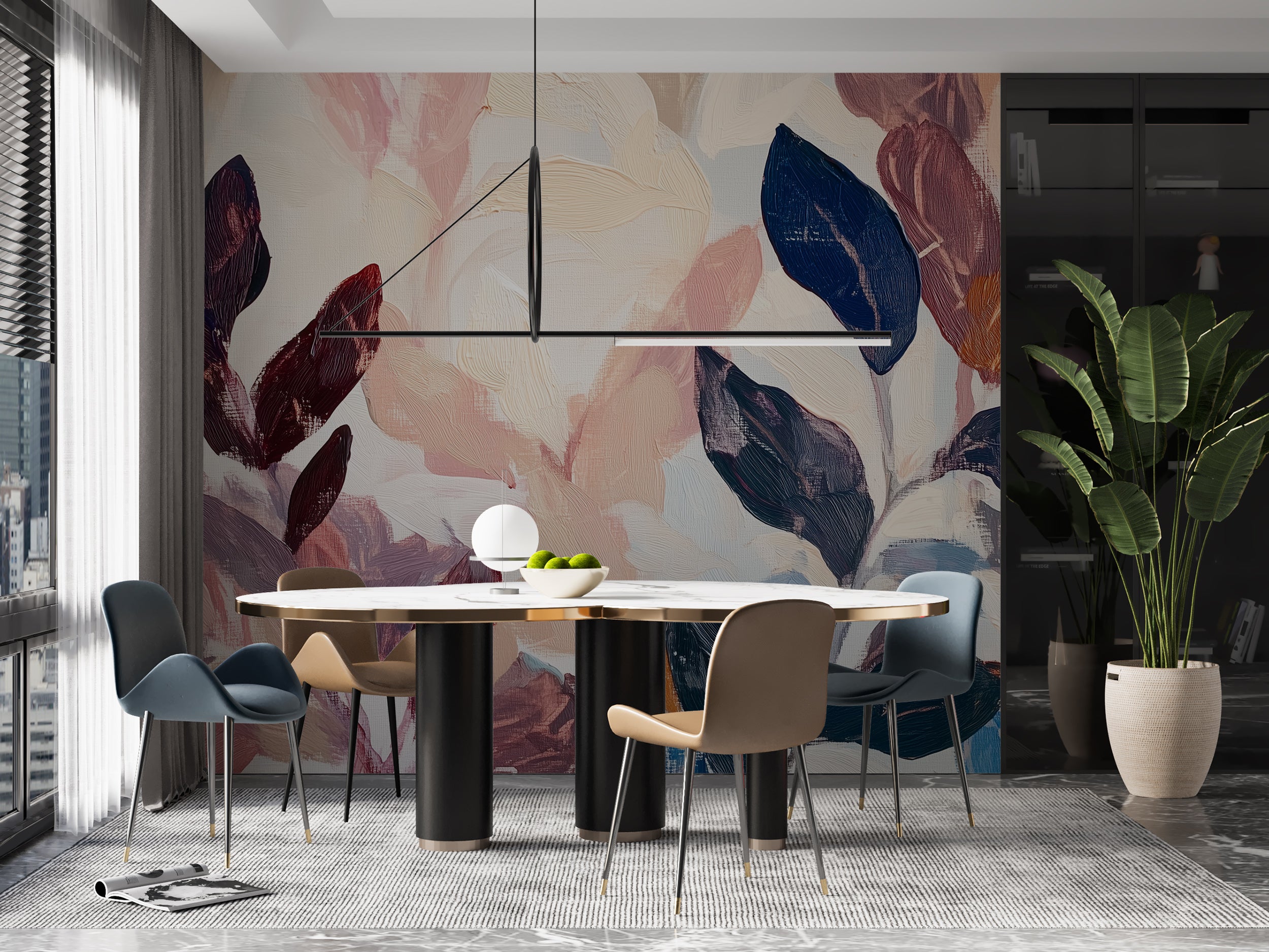 Burgundy and navy blue botanical mural with large leaves.
Boho botanical wallpaper in navy and burgundy for accent walls.