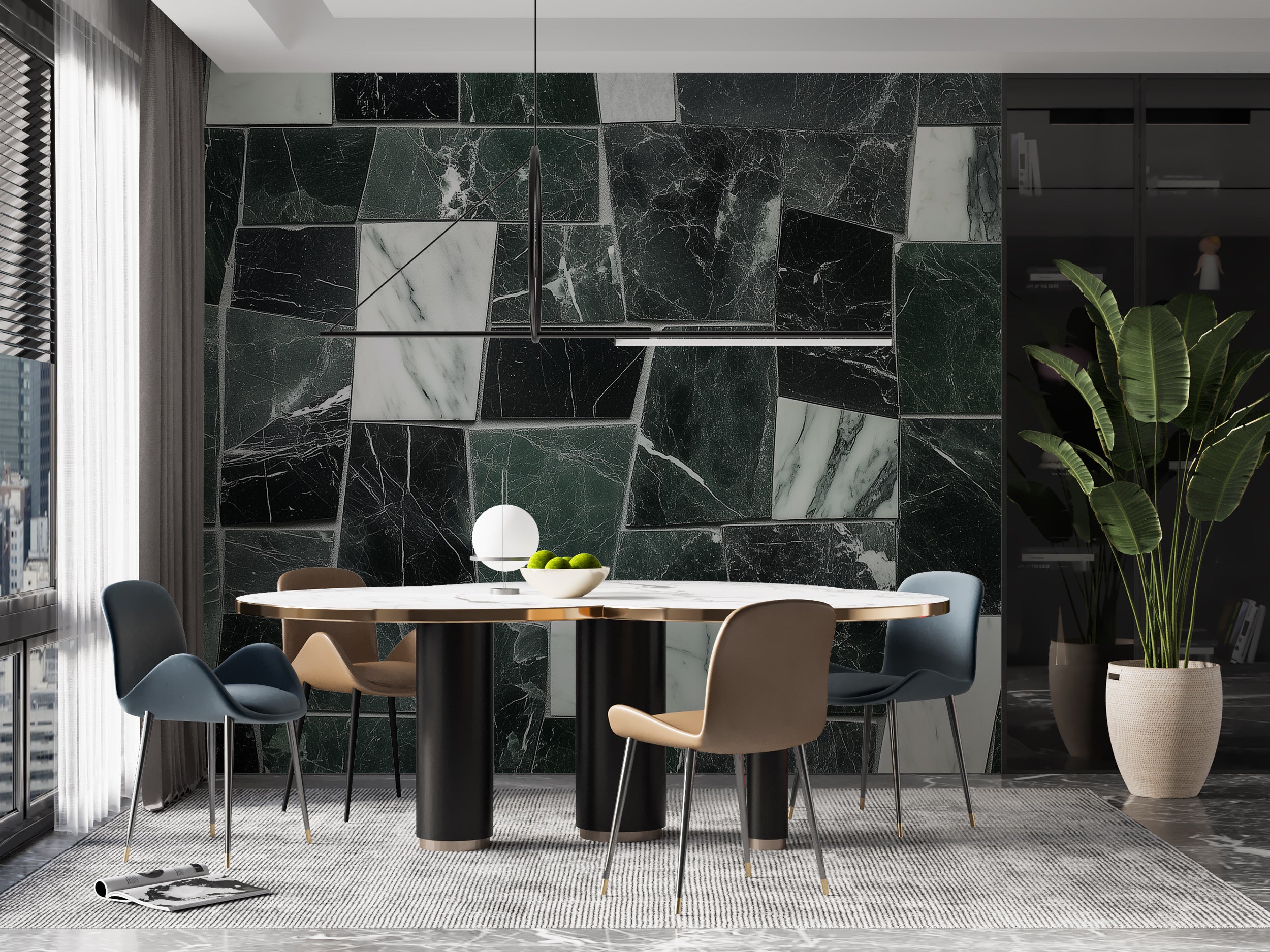 Green and Grey Marble Mural, Marble Tiles Wallpaper, Peel and Stick Stone Patchwork Mural, Marble Shapes Art