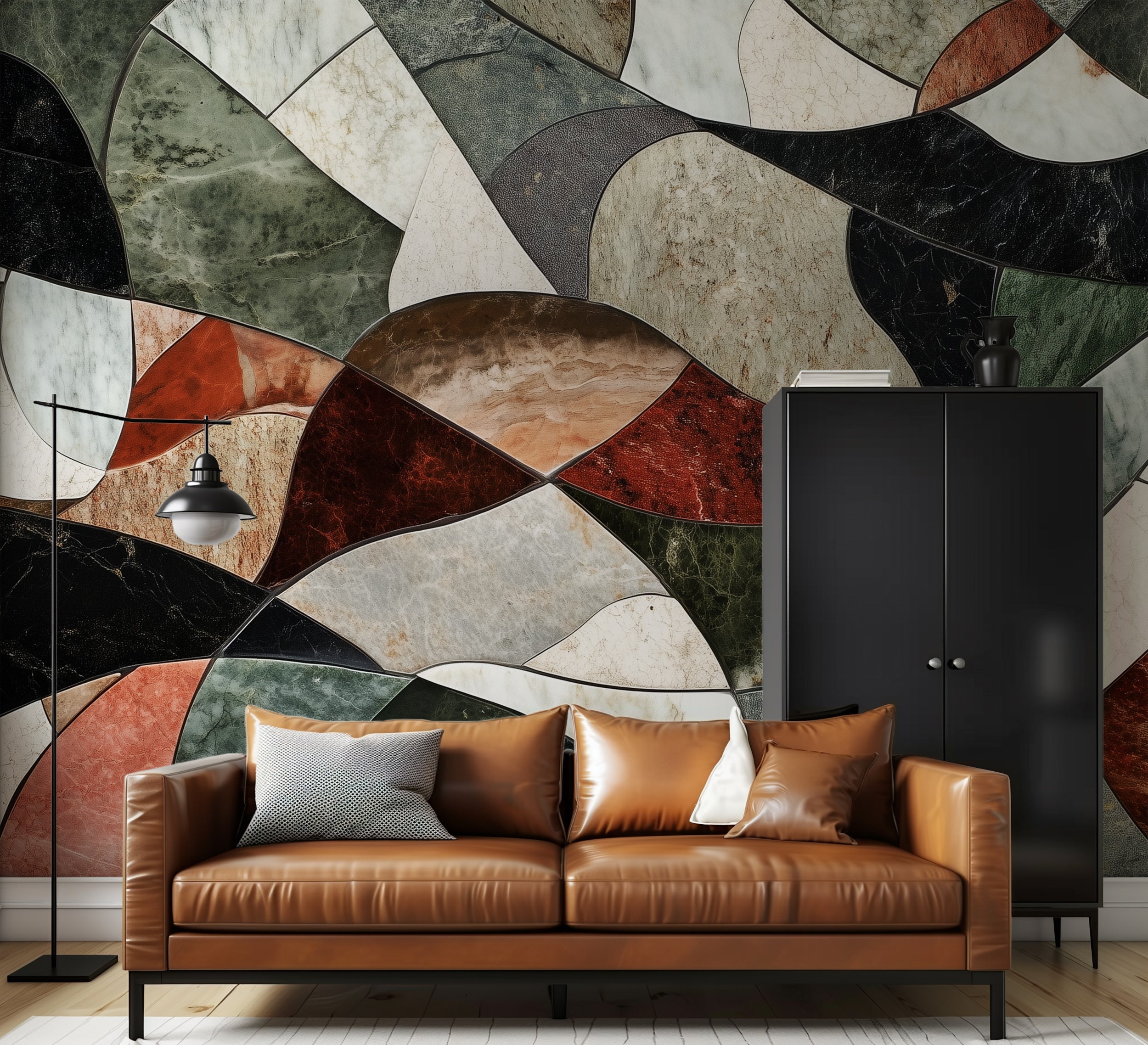 Colorful Marble Mosaic Mural, Abstract Stone Tiles Shapes Wallpaper, Peel and Stick Geometric Marble Wall Decor