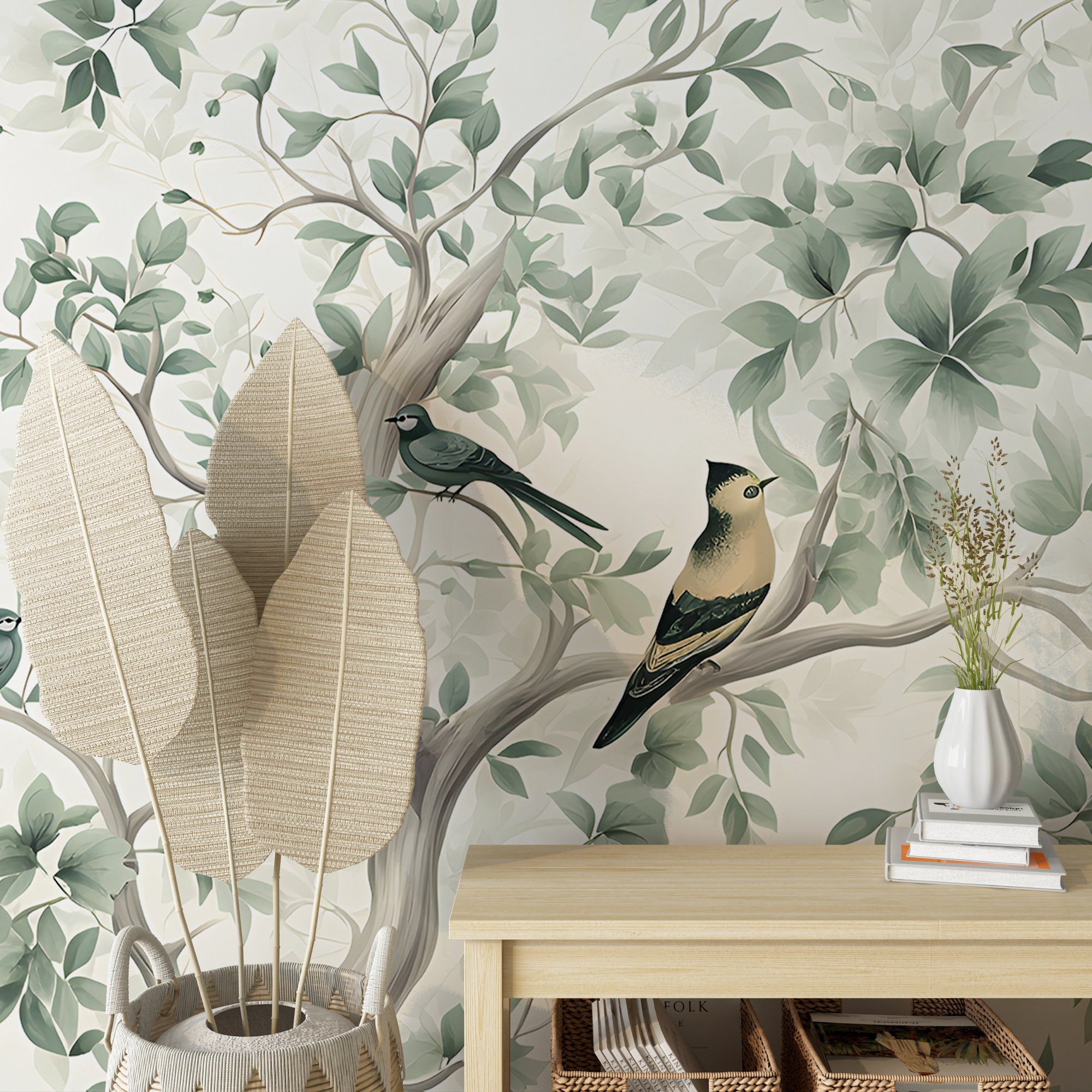 Chinoiserie Wallpaper with Vintage Tree and Birds