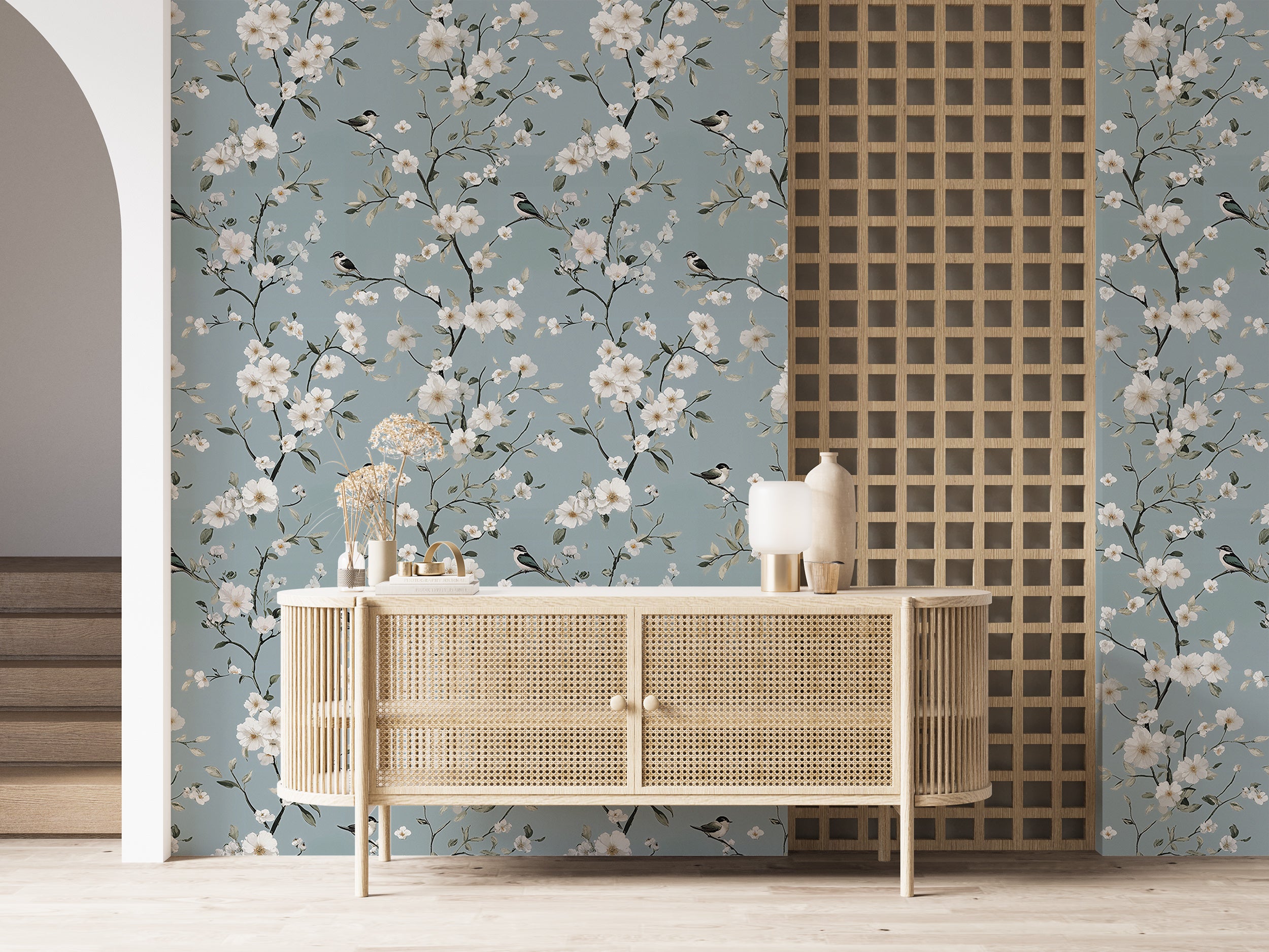 Baby Blue Chinoiserie Wallpaper, Soft Floral Wall Decor, Peel and Stick Birds and Flowers Wallpaper