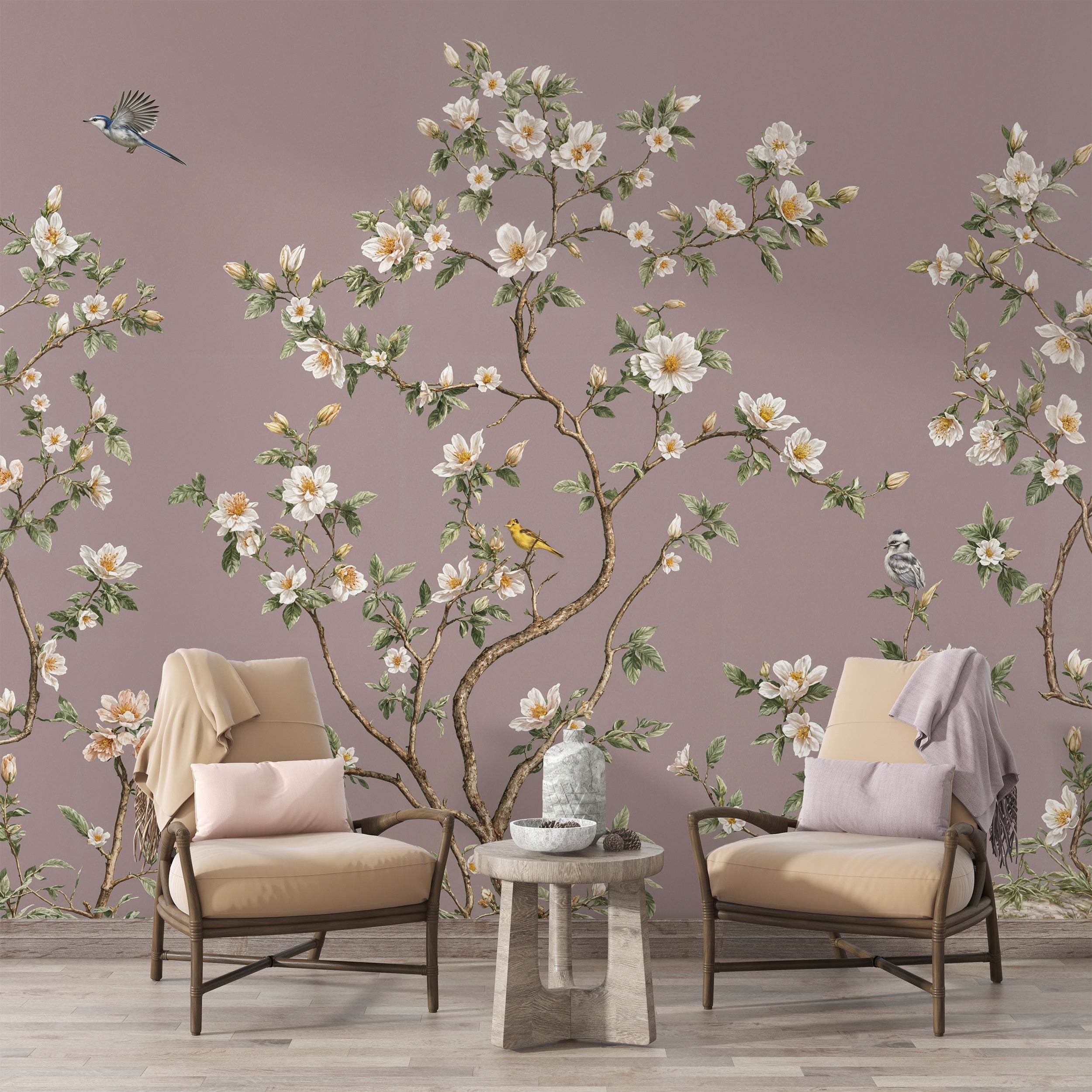 Cherry blossom and birds mural

Vintage style botanical wallpaper