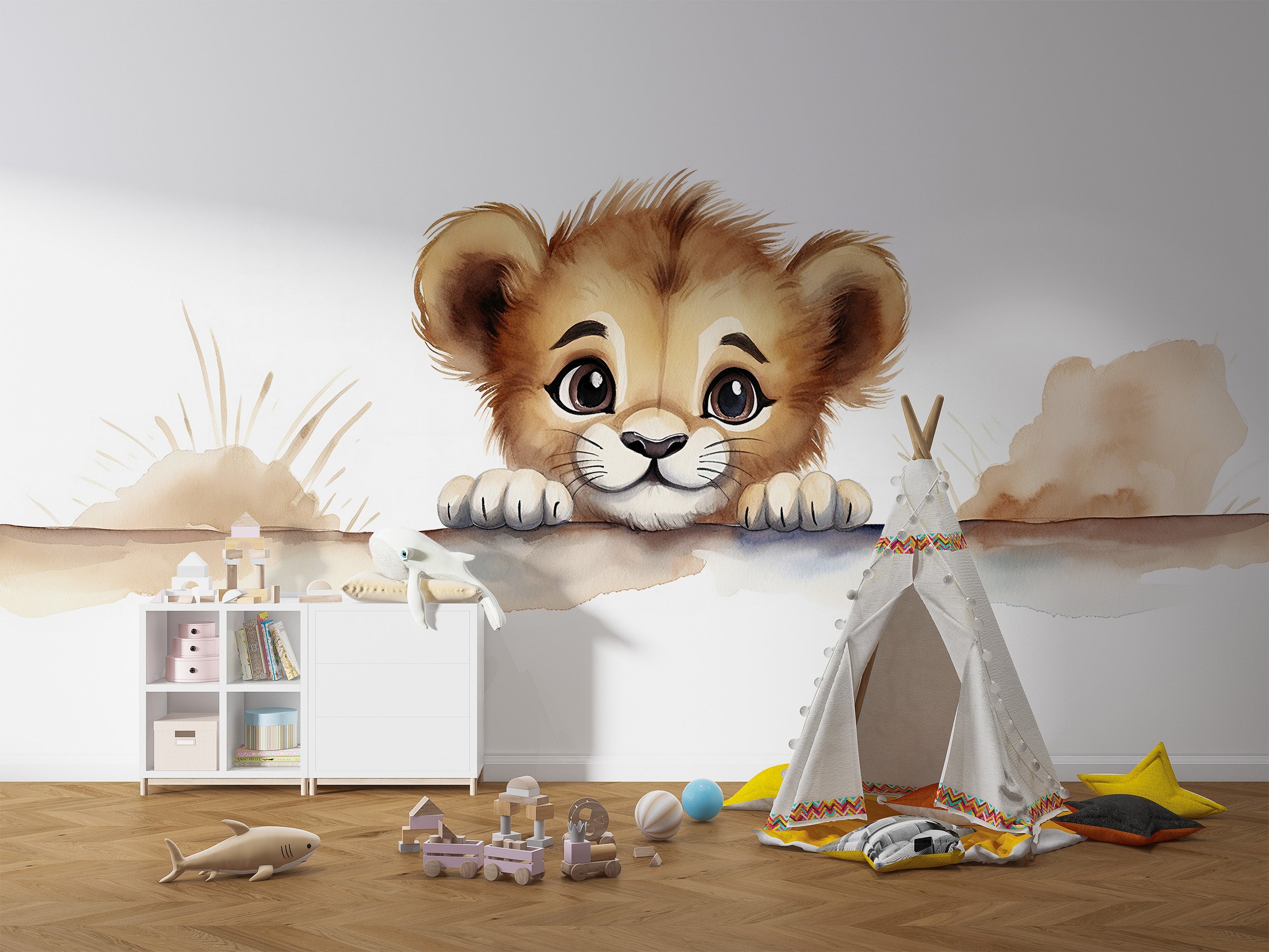 Adorable Baby Lion Watercolor Wallpaper in Safari Theme Nursery