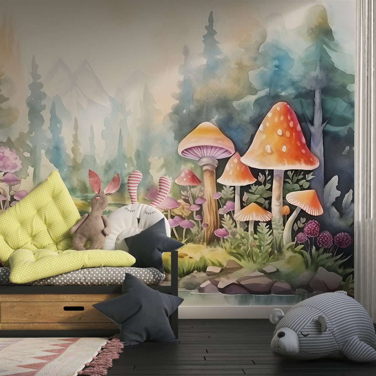 Watercolor Mushrooms Mural - Fairy Forest Wallpaper