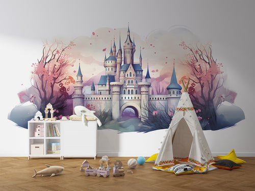 Nursery Castle Mural - Pink and Blue Watercolor Baby Wallpaper