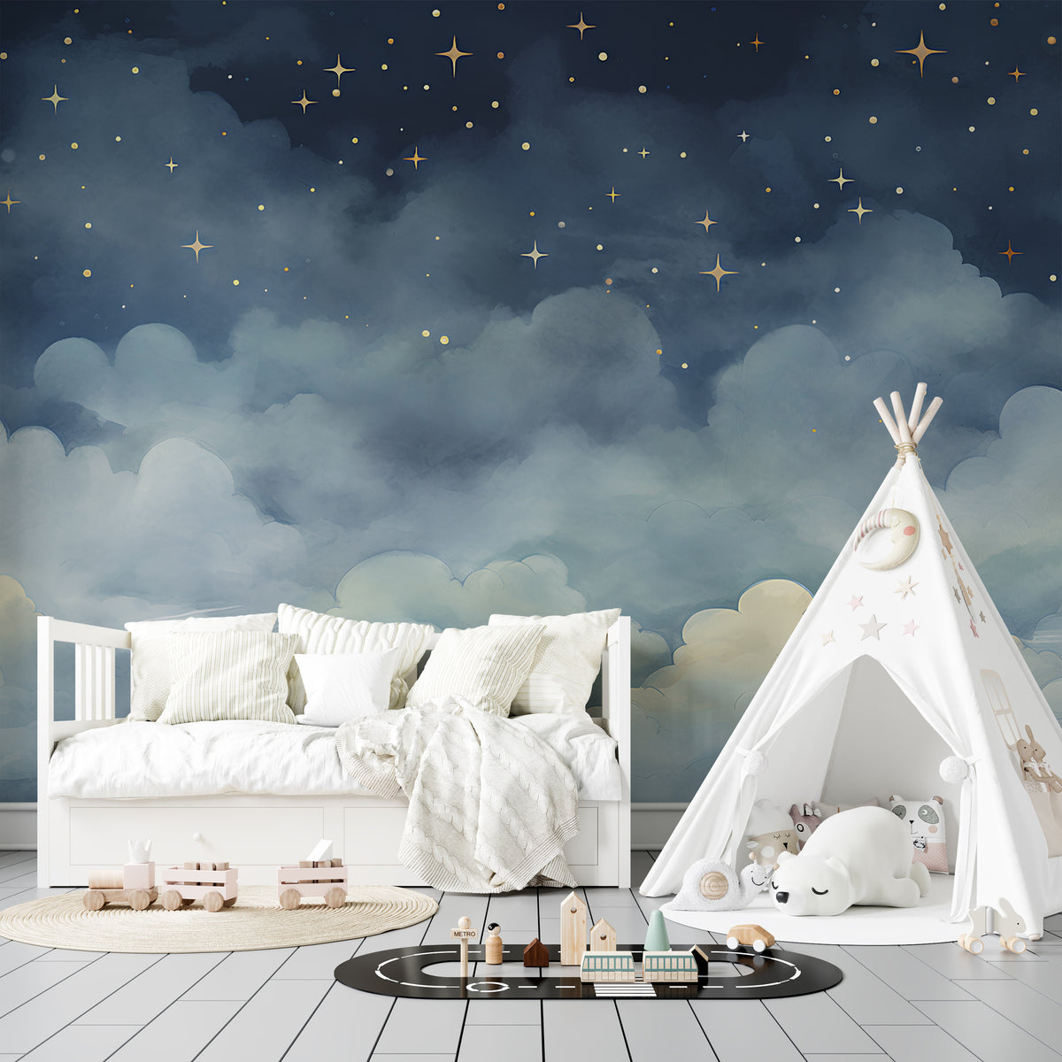 Blue Sky With Stars Mural - Nursery Peel and Stick Night Sky Wallpaper