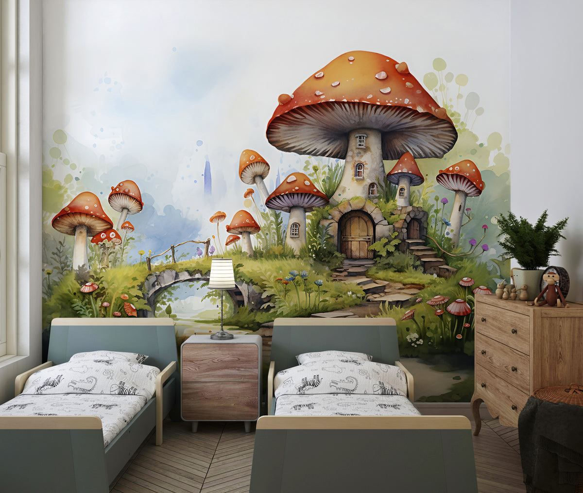 Mushroom House Mural - Fairy Forest Wallpaper