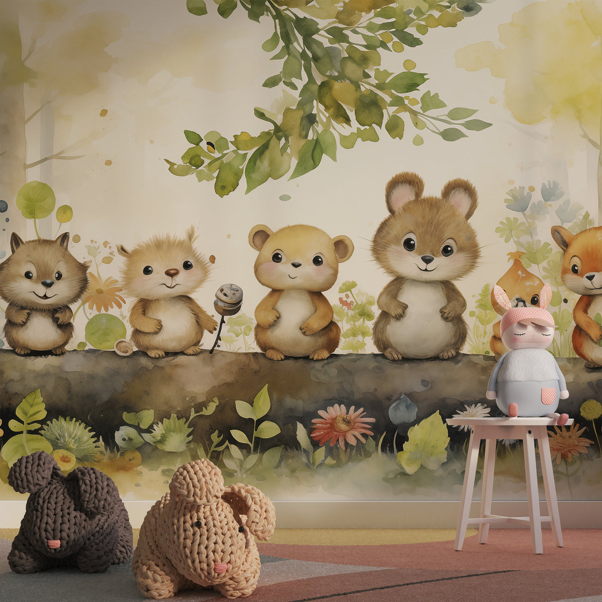 Woodland Animals Wall Mural - Watercolor Kids Forest Wallpaper