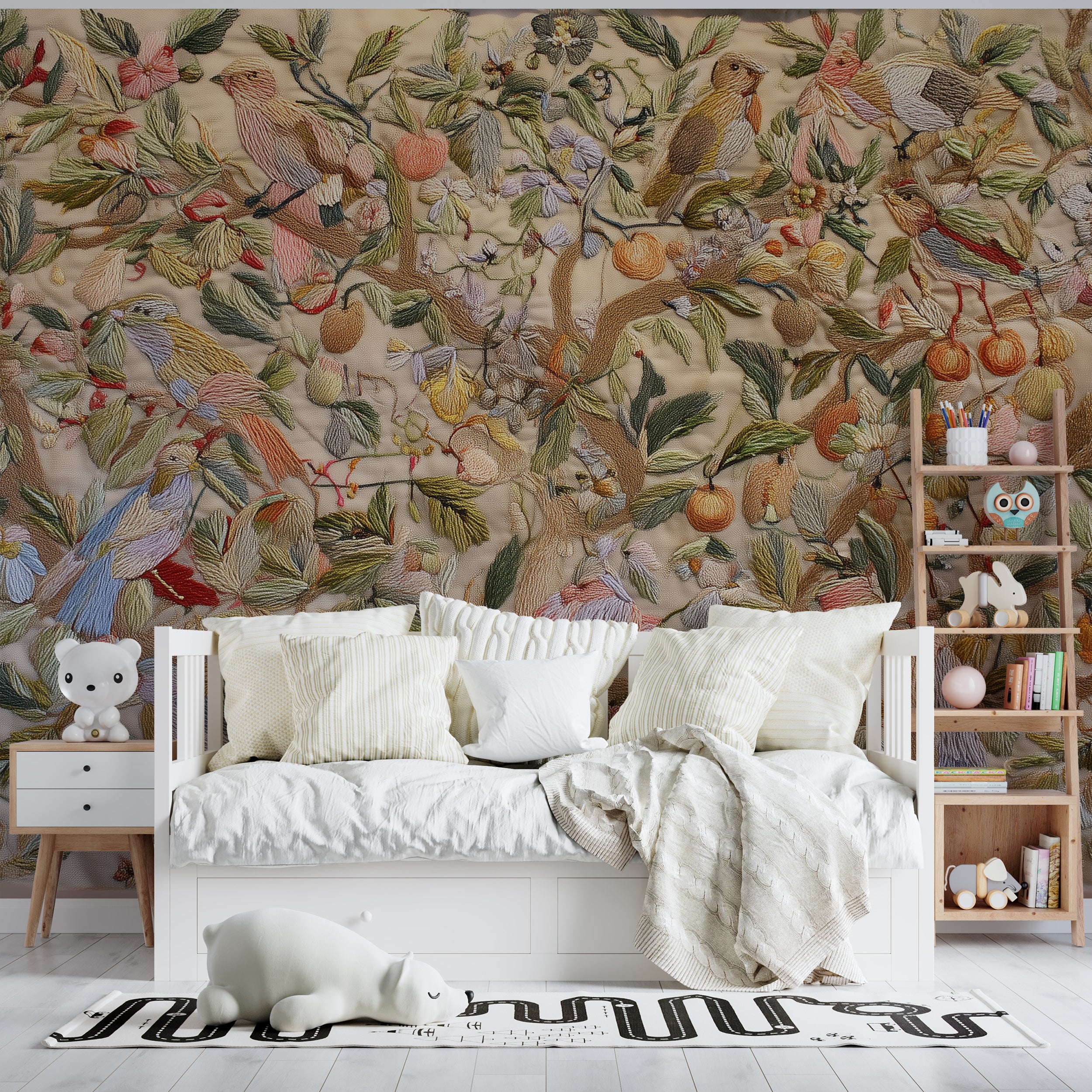 Colorful Blossom Tree Mural with Threaded Parrots and Fruit Inspired Garden Peel and Stick Wallpaper